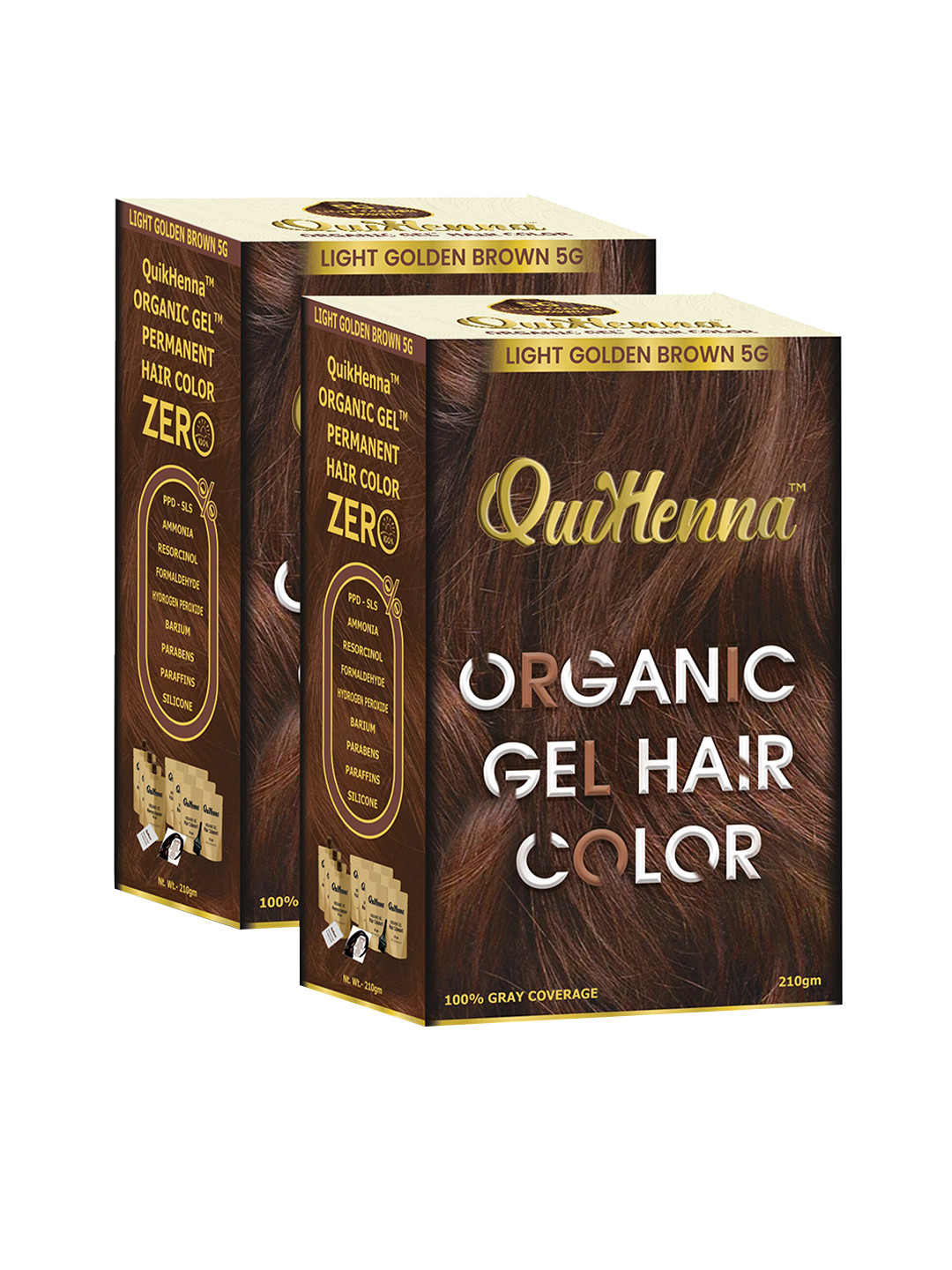 QUIKHENNA Set Of 2 Grey Coverage Organic Gel Hair Colour 210g Each - Light Golden Brown 5G