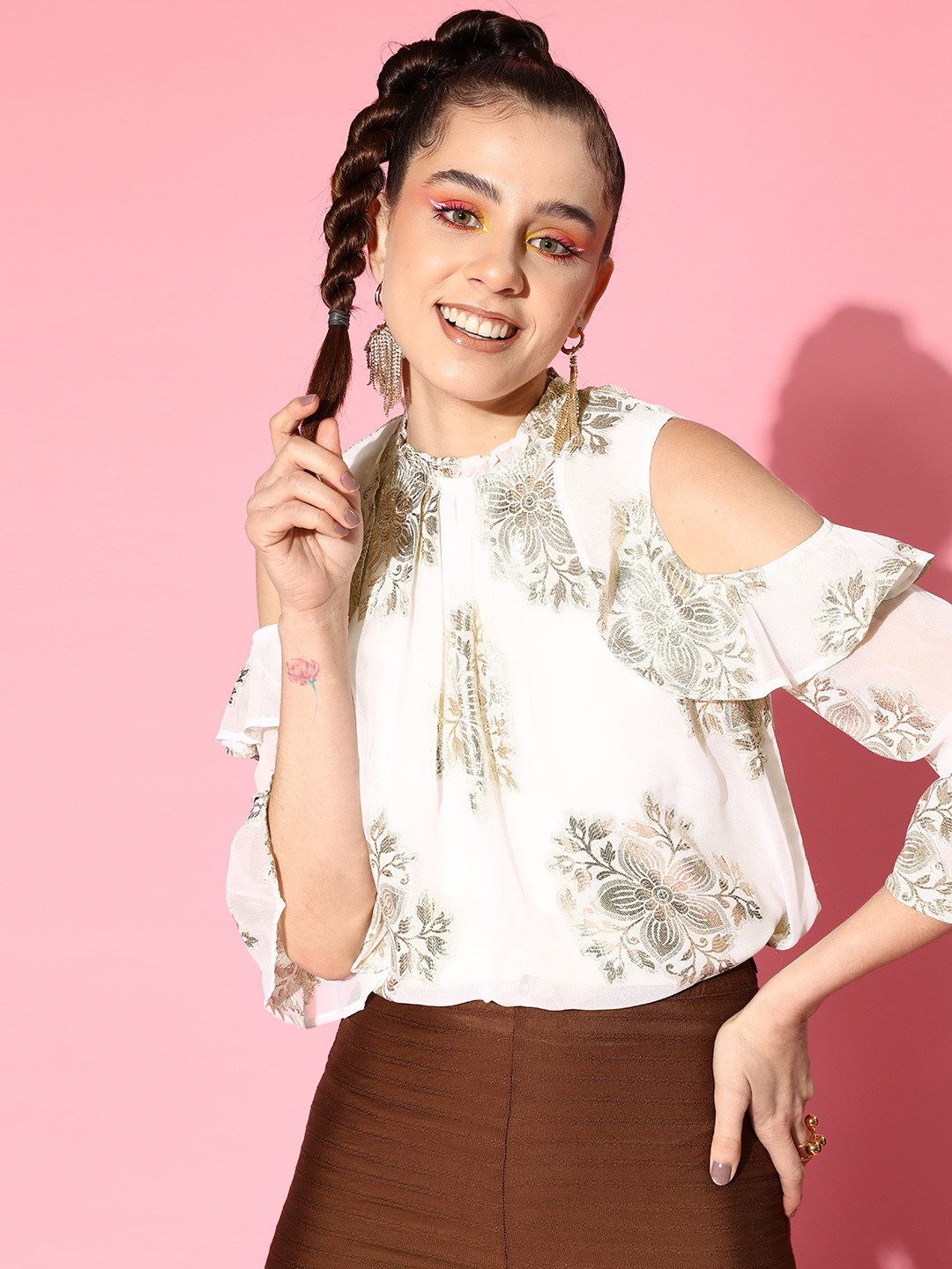 SASSAFRAS Floral Cold-Shoulder Ruffles Jacquard Top