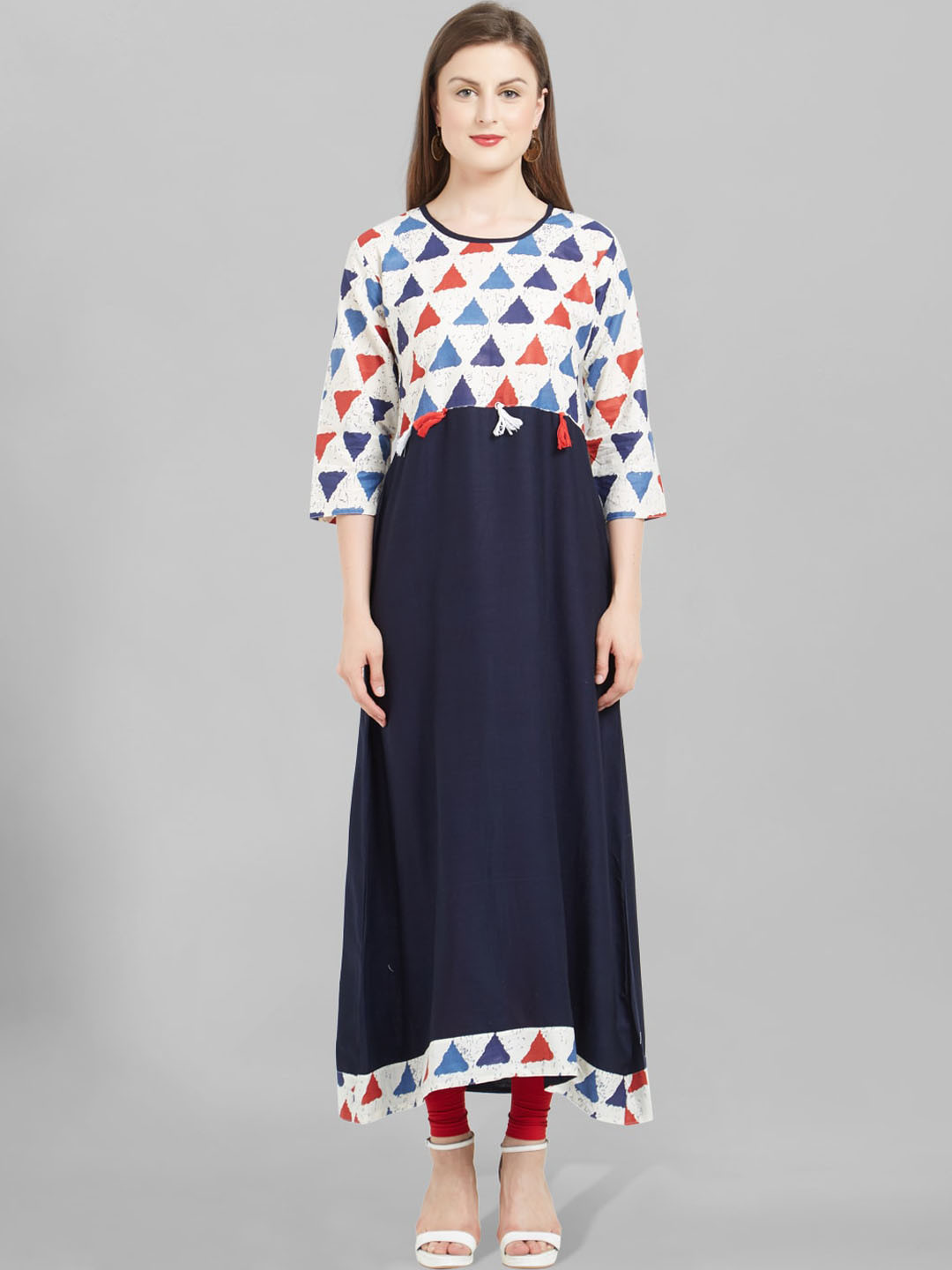 Kvsfab Asymmetric Hem Geometric Printed A-Line Cotton Kurta
