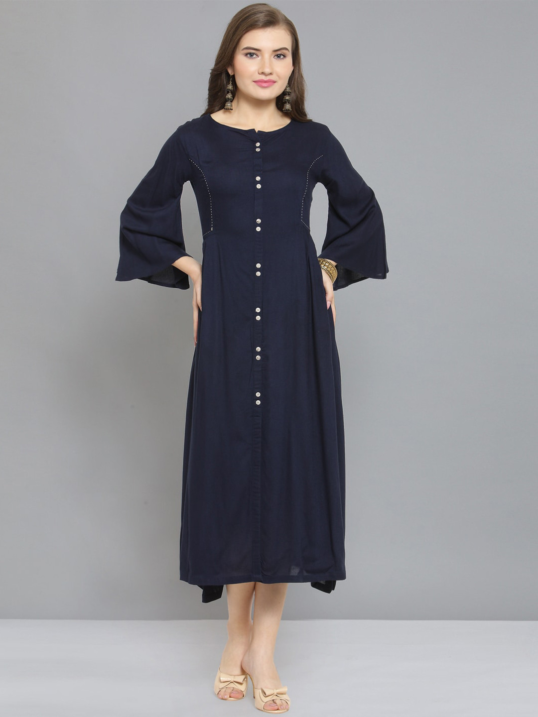 Kvsfab Navy Blue Flared Sleeves Asymmetric A-Line Ethnic Dress