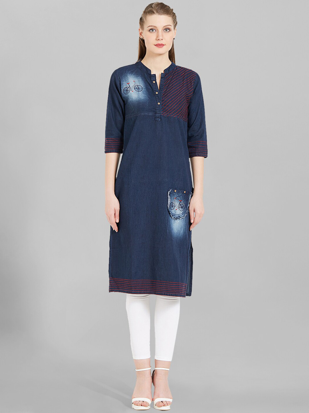 Kvsfab Mandarin Collar Thread Work Denim Straight Cotton Kurta