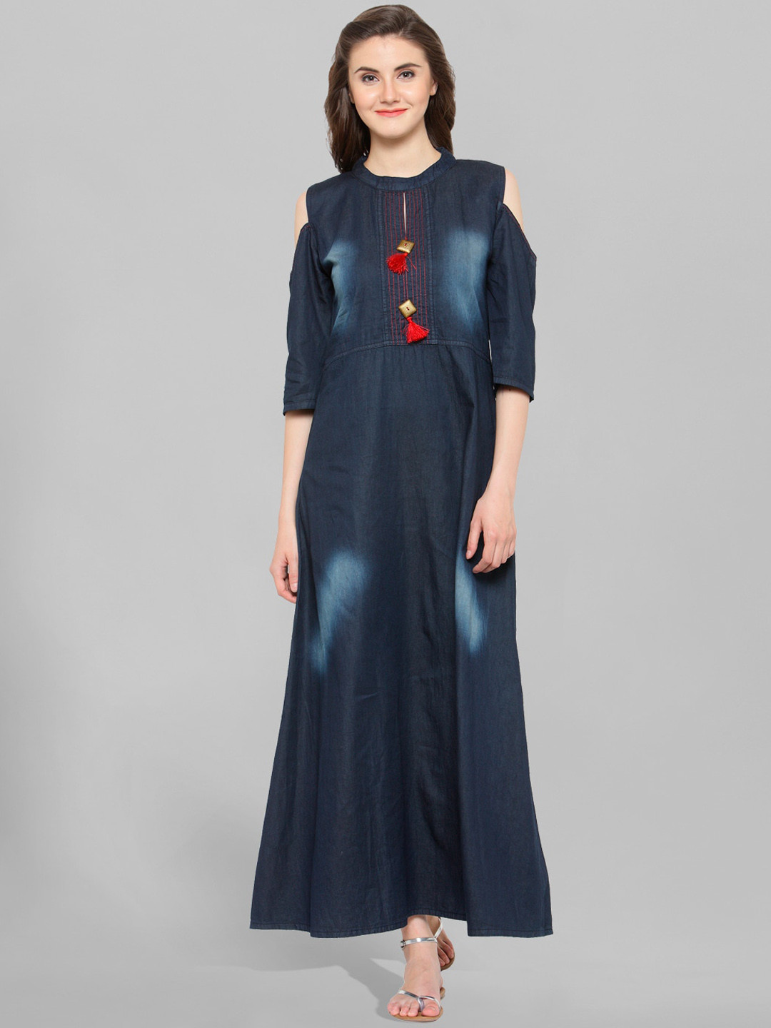 Kvsfab Navy Blue Cold-Shoulder Sleeves A-Line Denim Cotton Kurta