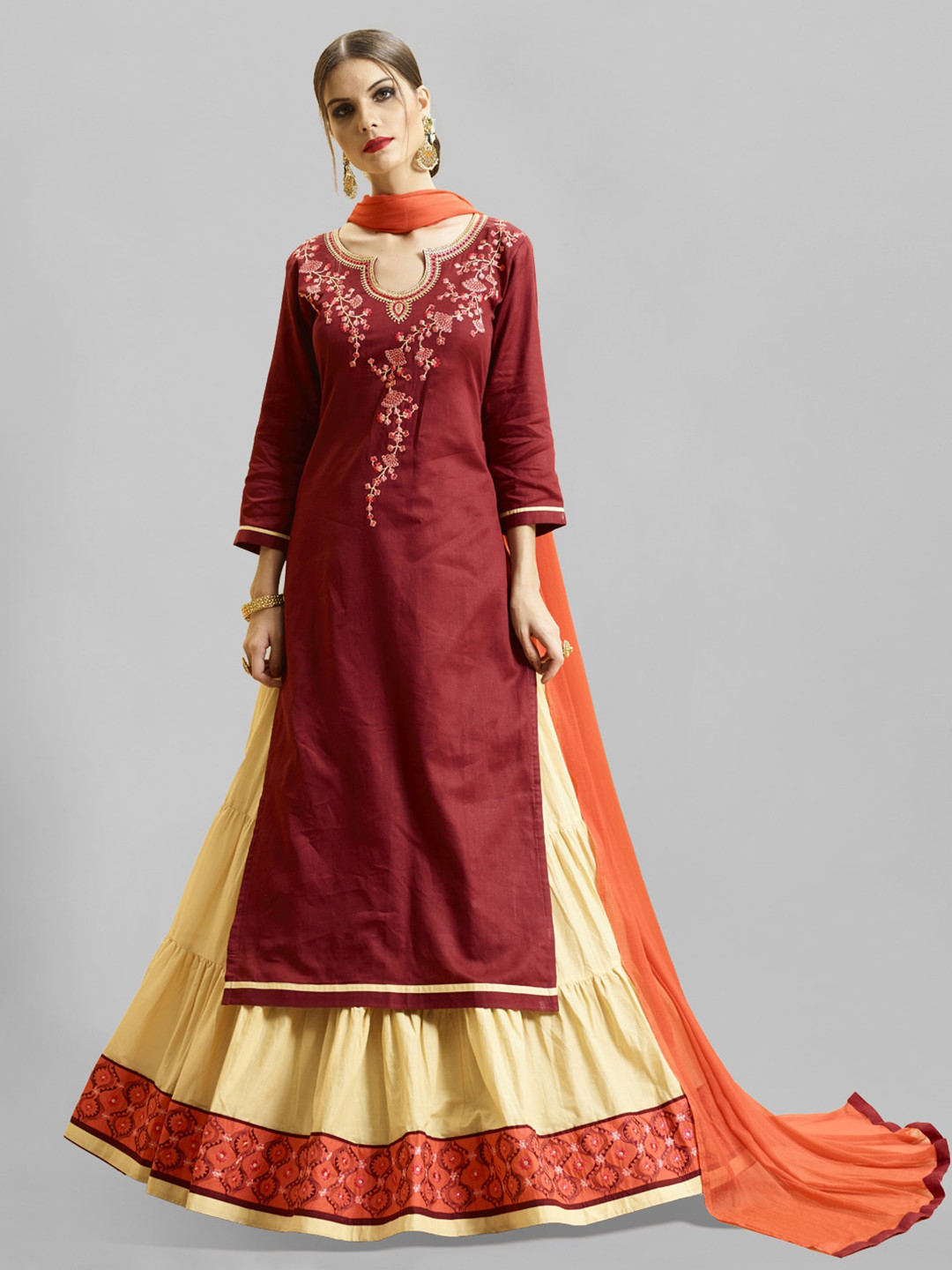 Kvsfab Maroon & Cream-Coloured Embroidered Satin Semi-Stitched Dress Material