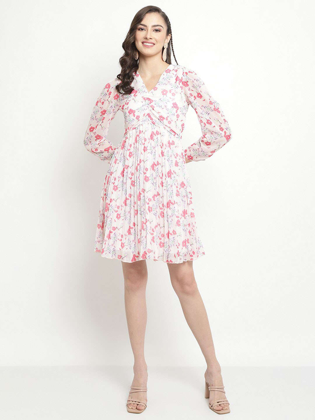 METTLE Floral Printed Puff Sleeve Fit & Flare Dress