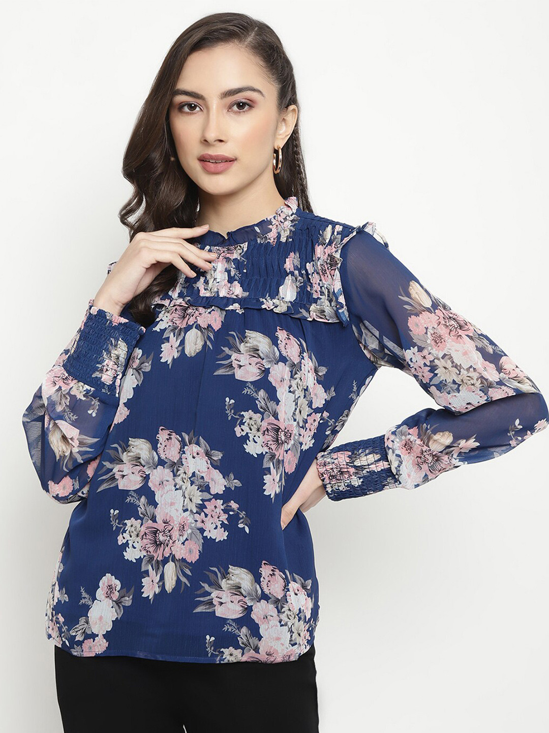 METTLE Floral Printed High Neck Ruffles Regular Top
