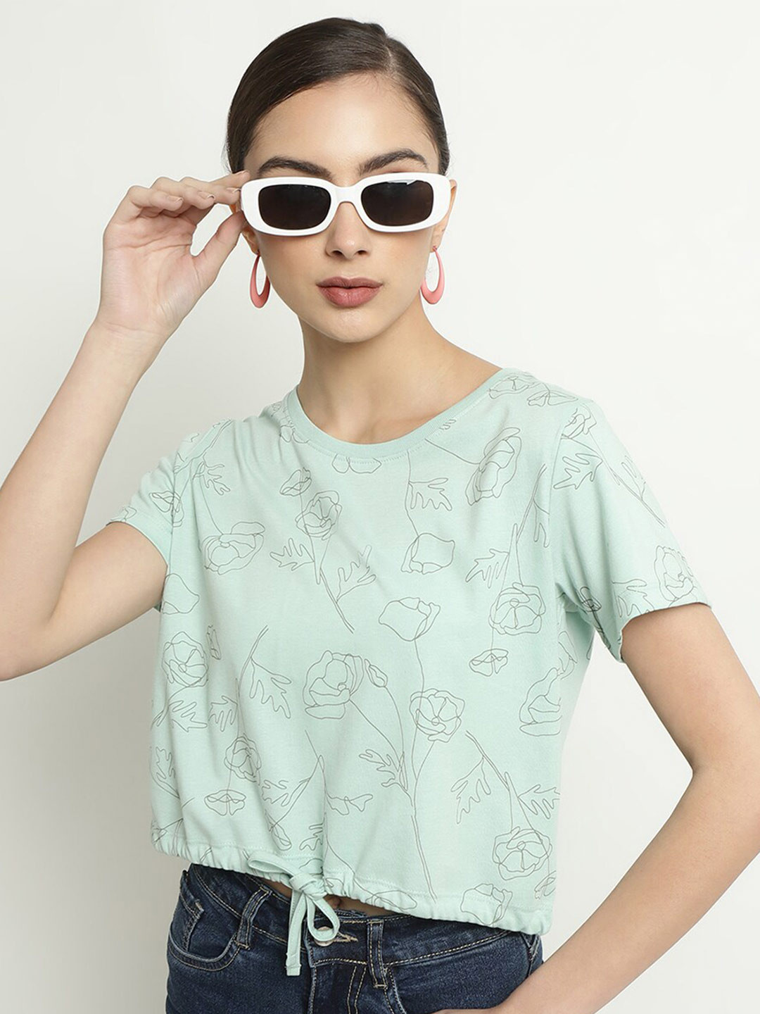 METTLE  Floral Printed Round Neck Waist Tie-Ups Cotton T-shirt