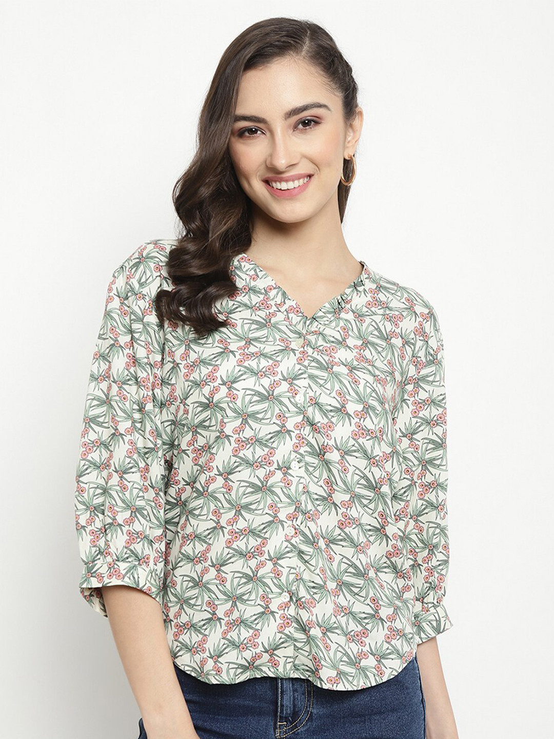 METTLE Floral Printed Collarless Long Sleeves Cotton Casual Shirt
