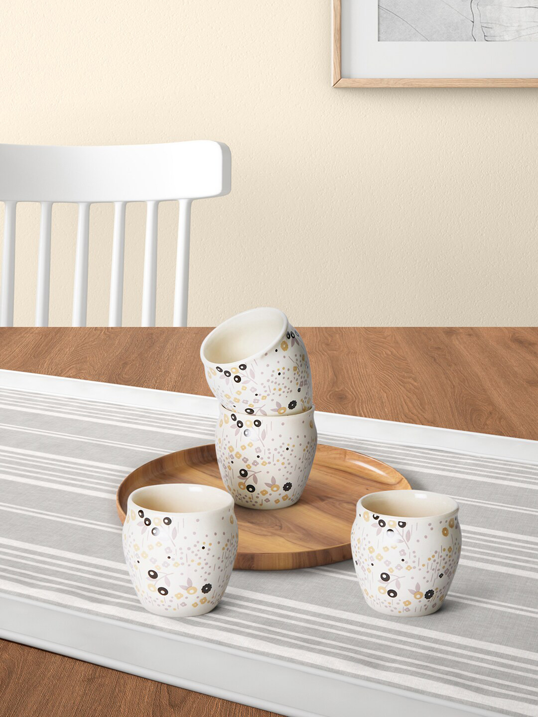 Living scapes by Pantaloons Rakshabandhan Gift White Floral Stoneware Microwave Safe 4 Piece Kulhad-200ml