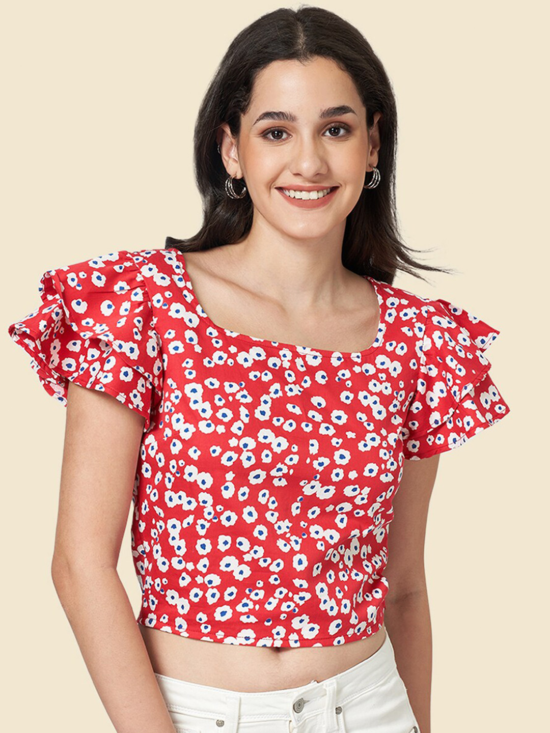 People Square Neck Floral Printed Flutter Sleeve Cotton Crop Top