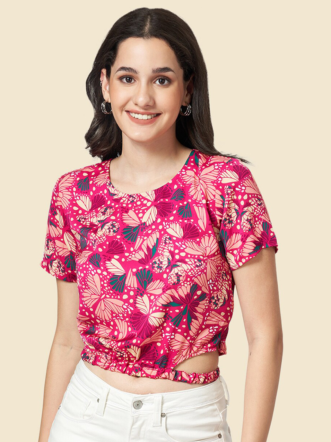 People Round Neck Conversation Printed Cut Out Crop Top