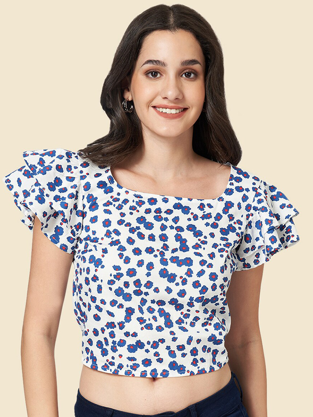 People Square Neck Floral Printed Cotton Crop Top