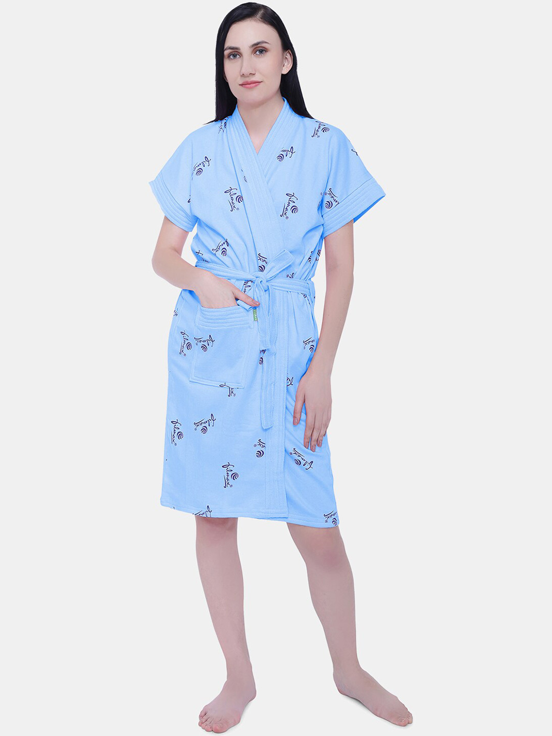 FILMAX ORIGINALS Logo Printed Blue Typography Cotton Drawstring Knee Length Bath Robe