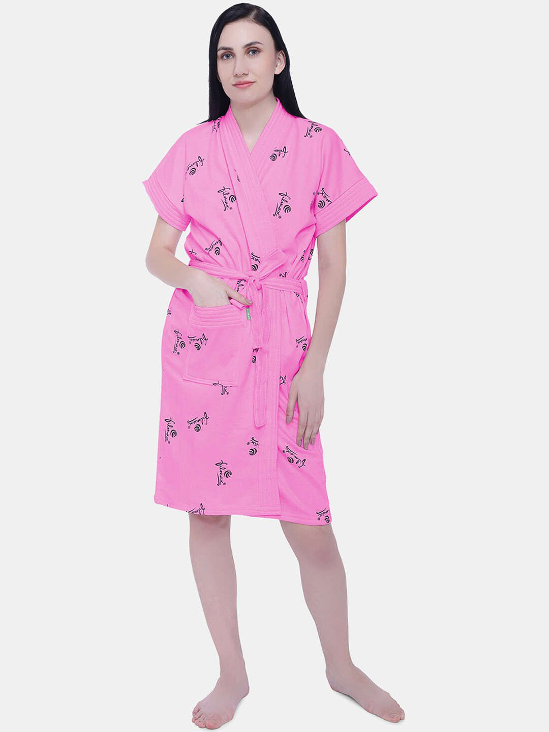 FILMAX ORIGINALS Logo Printed Pink Typography Cotton Drawstring Knee Length Bath Robe