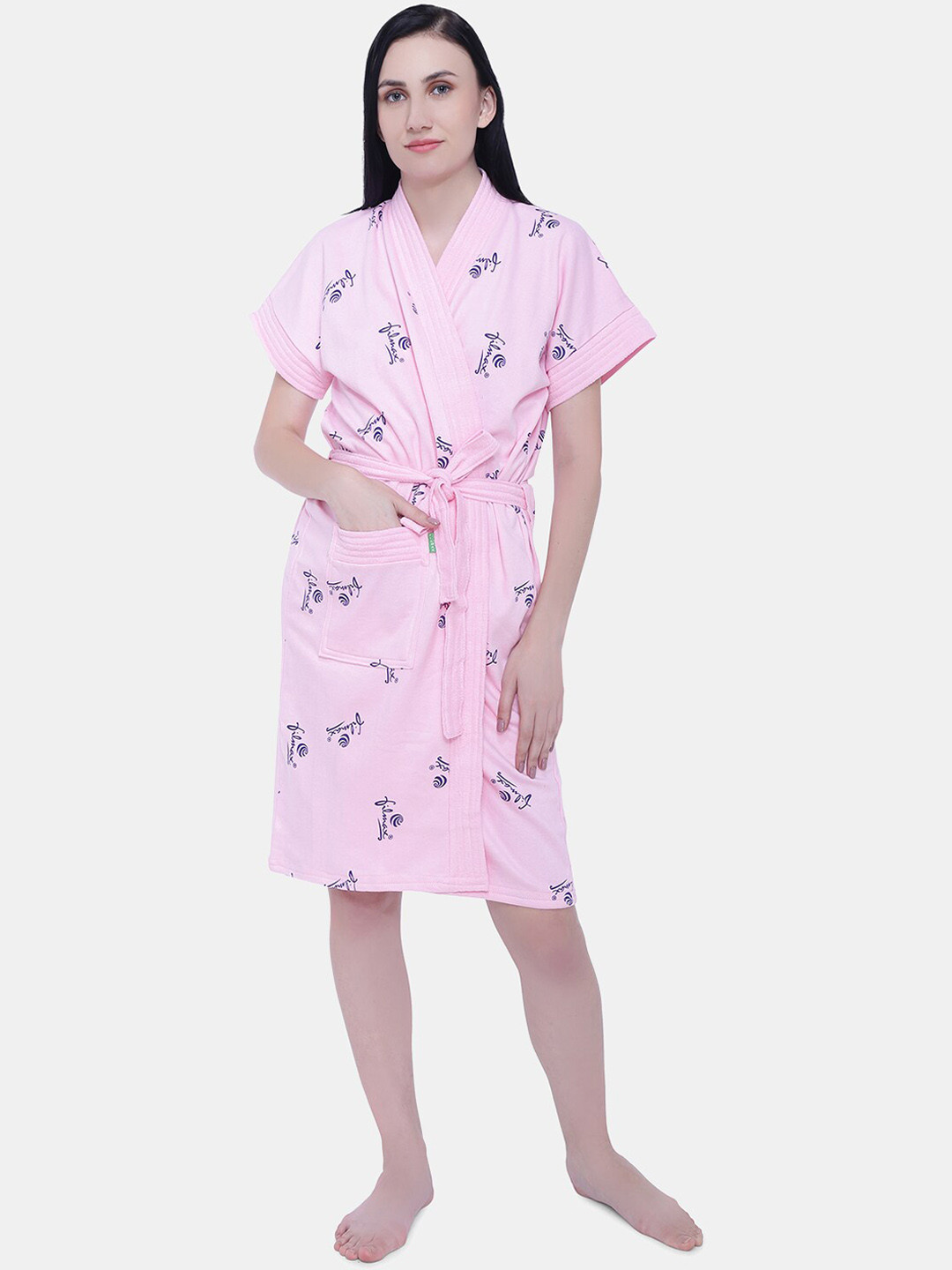 FILMAX ORIGINALS Logo Printed Pink Typography Cotton Drawstring Knee Length Bath Robe