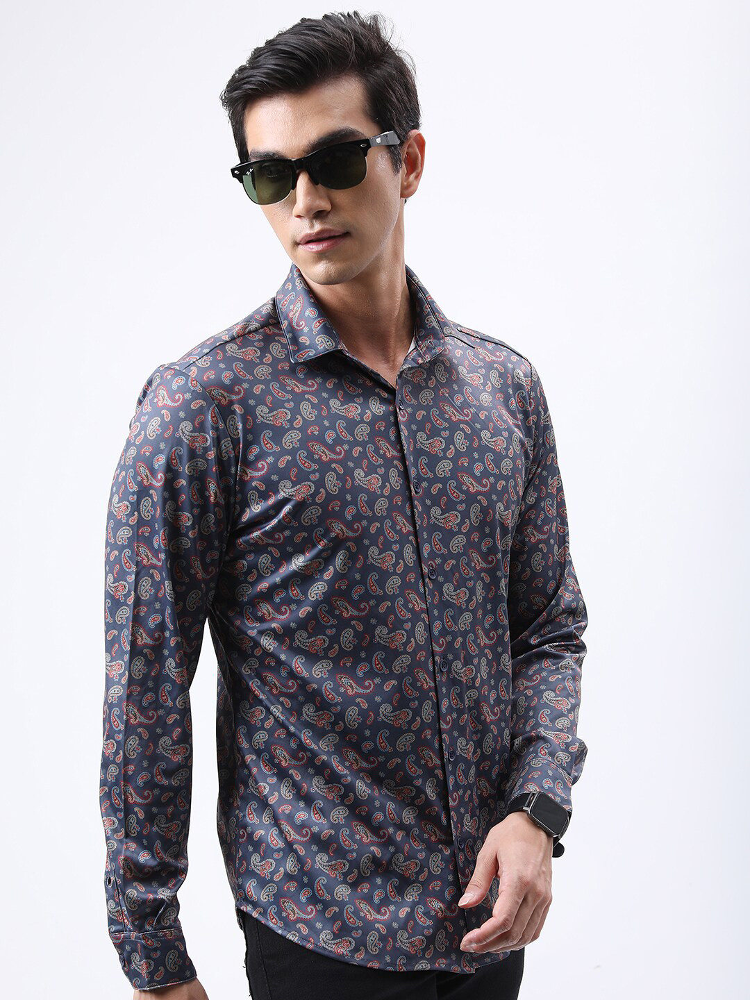 HIGHLANDER Navy Blue Slim Fit Paisley Printed Party Wear Shirt