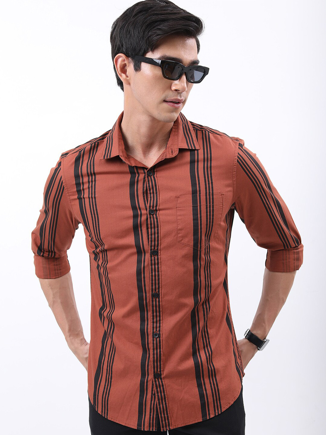 HIGHLANDER Rust And Black Slim Fit Vertical Striped Cotton Casual Shirt