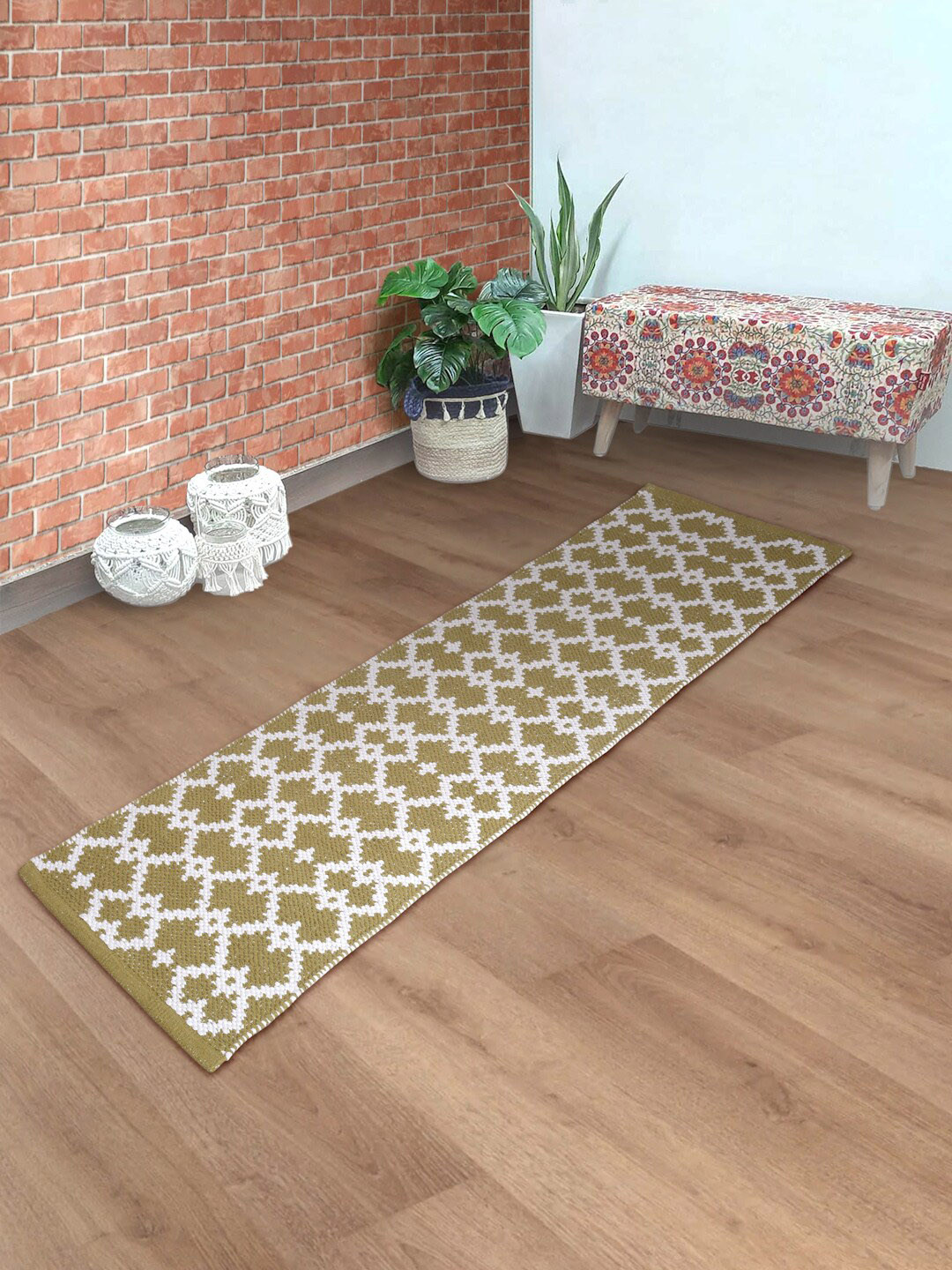 eyda Olive Green & White Geometric Pure Cotton Floor Runner