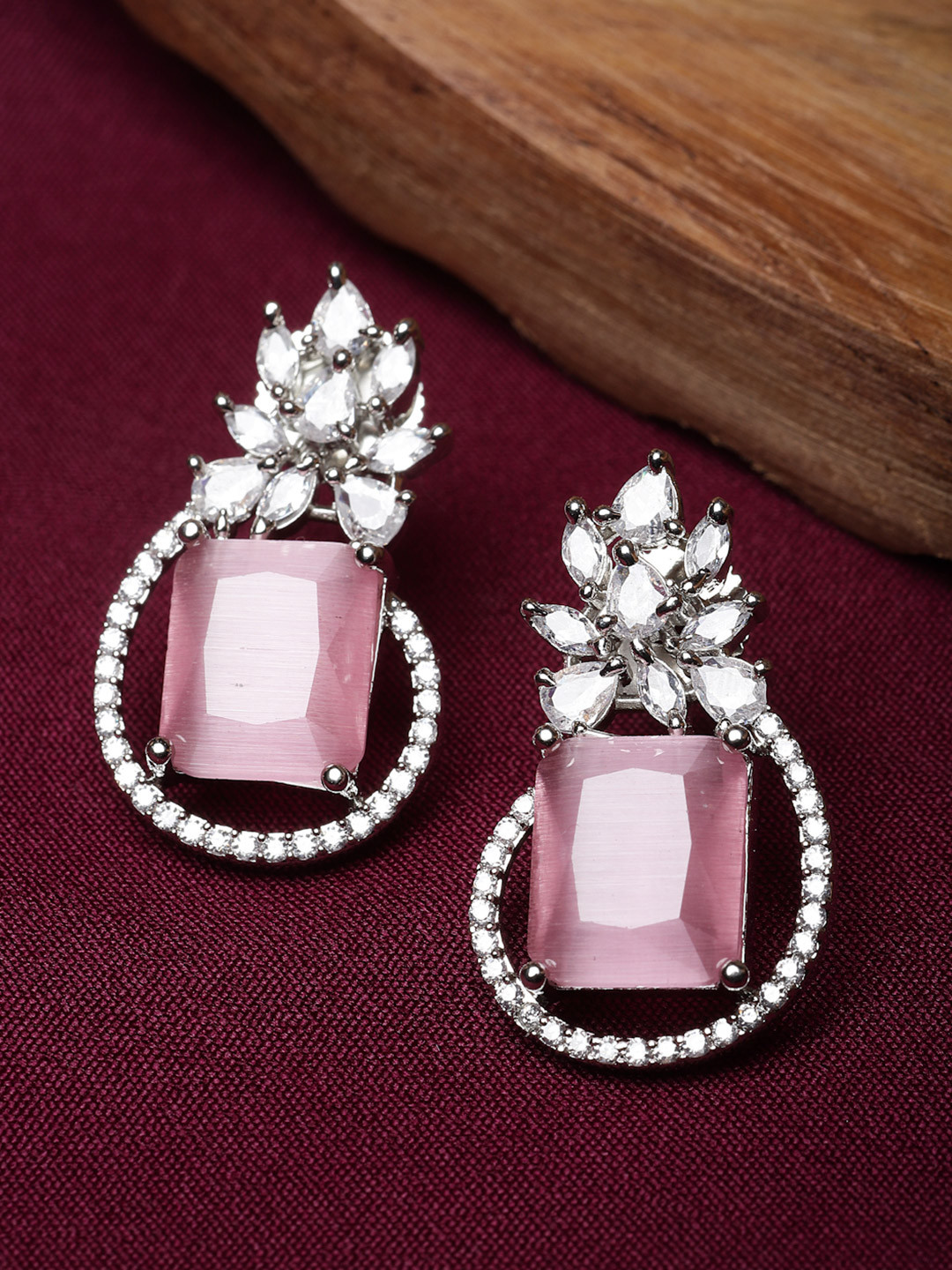 ZENEME Rhodium-Plated Silver Toned American Diamond studded Square Stud Earrings