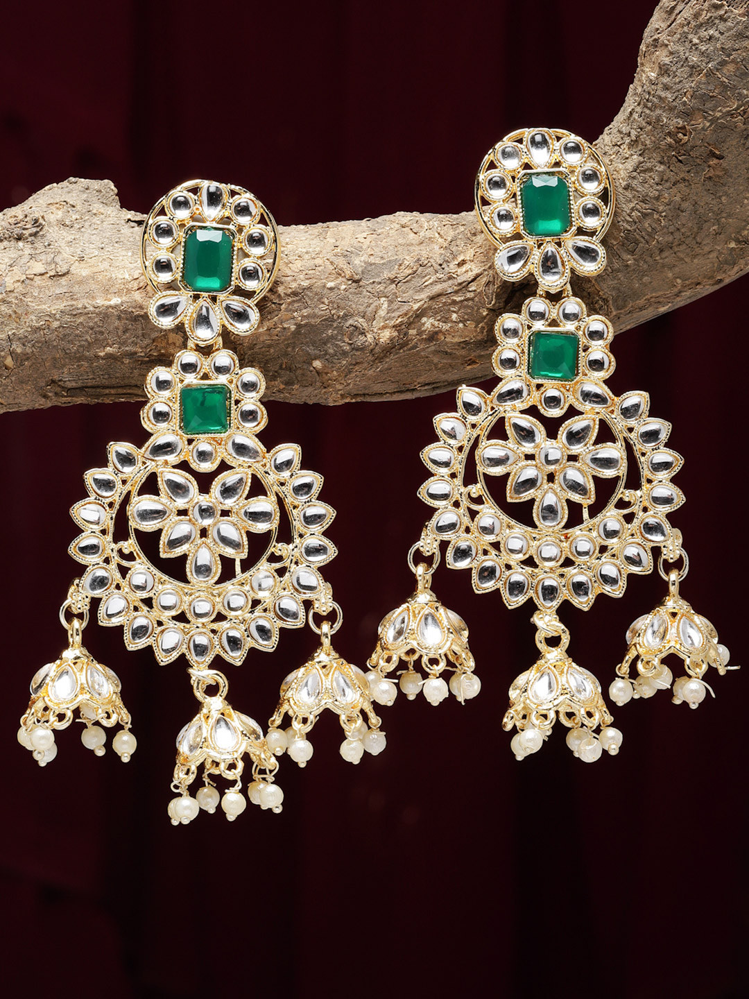 ZENEME Gold Plated Green Kundan Studded Jhumka Earrings