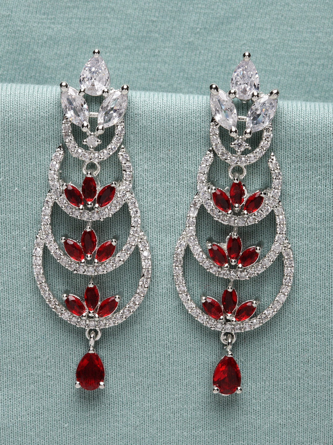 Zeneme Rhodium Plated Silver Toned Loop Design AD Studded Earrings