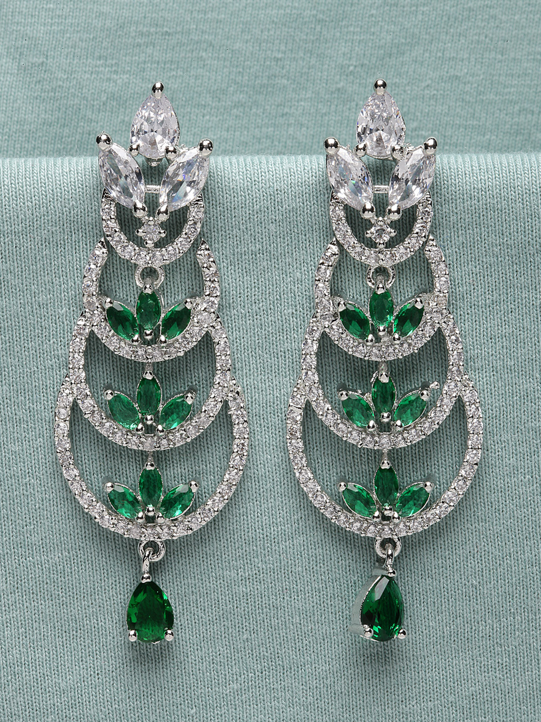 ZENEMA Rhodium Plated Silver Toned Loop Design AD Studded Earrings