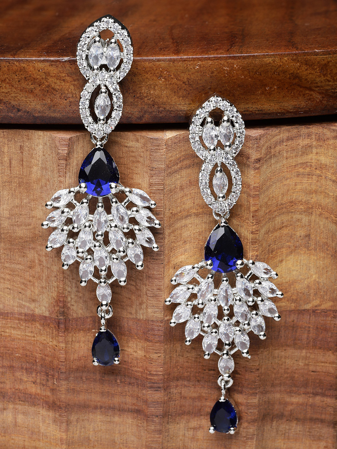 ZENEME Rhodium Plated Silver Toned Nature Inspired AD Studded Dangler Earrings