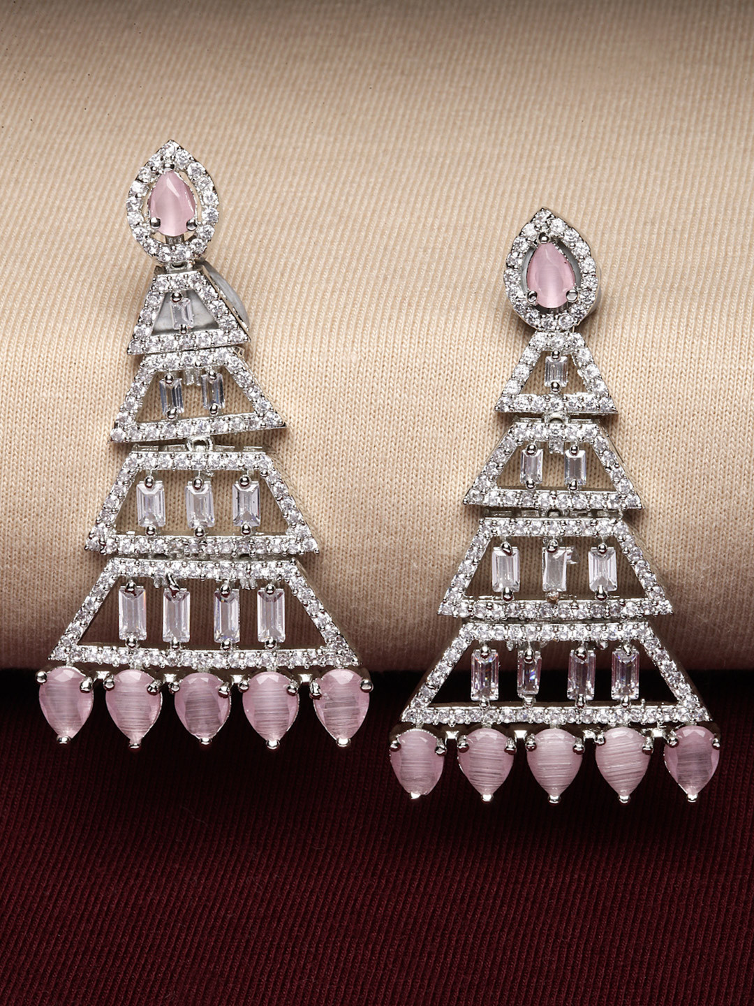 ZENEME Rhodium-Plated American Diamond Studded Triangular Shaped Dangler Earrings