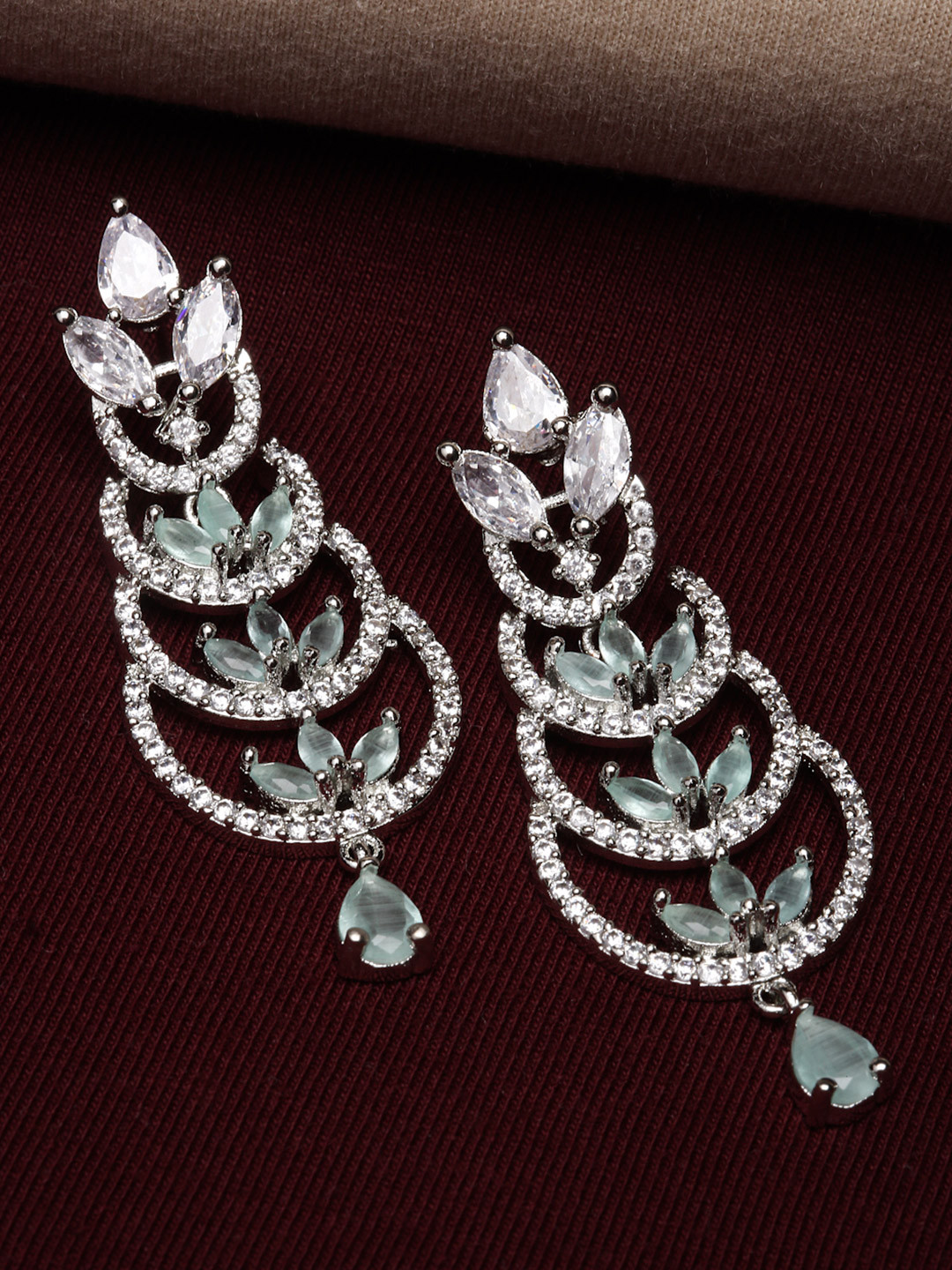 ZENEME Rhodium Plated Silver Toned Loop Design AD Studded Dangler Earrings