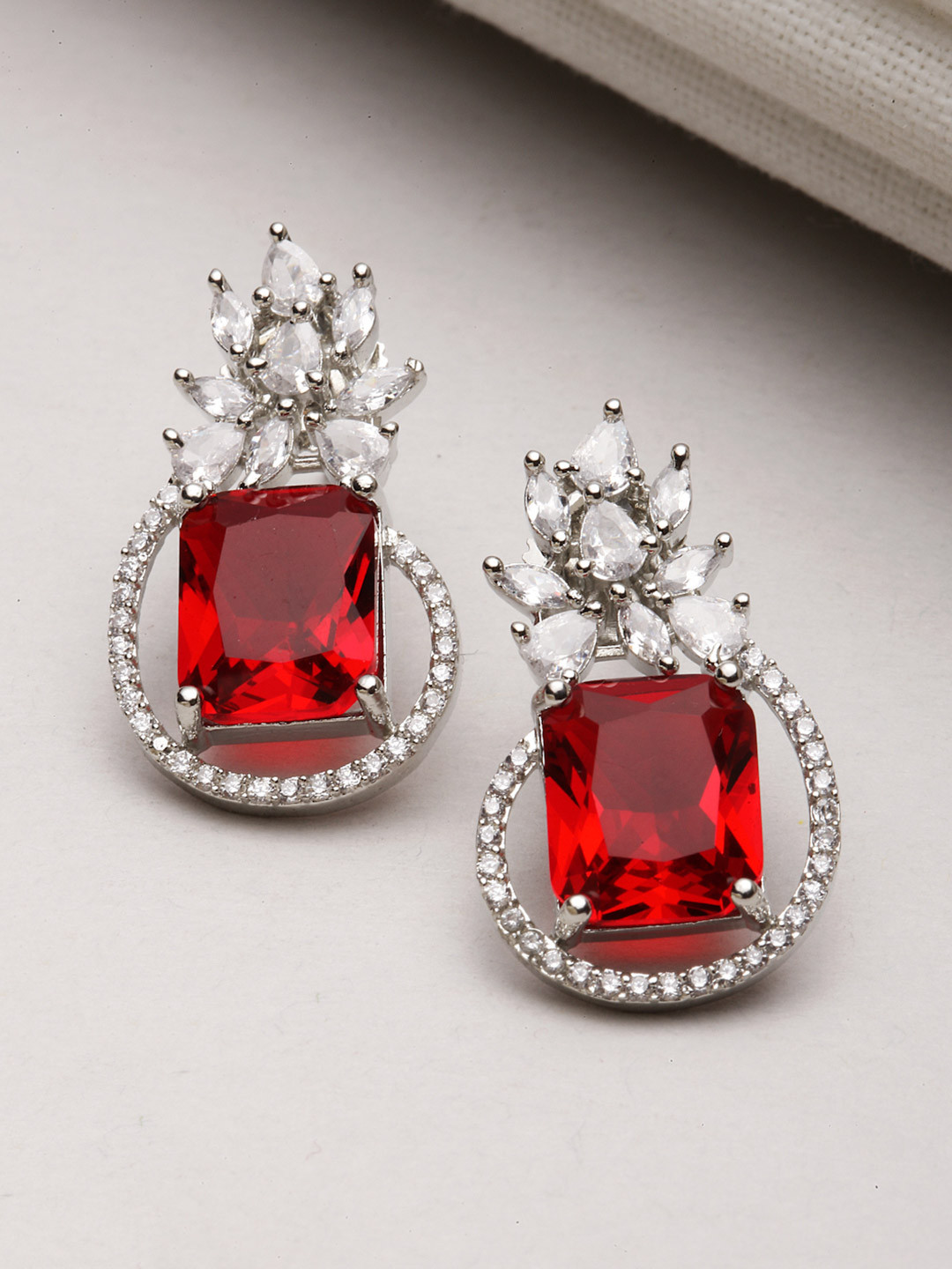 ZENEME Rhodium-Plated Silver Toned American Diamond studded Square Stud Earrings