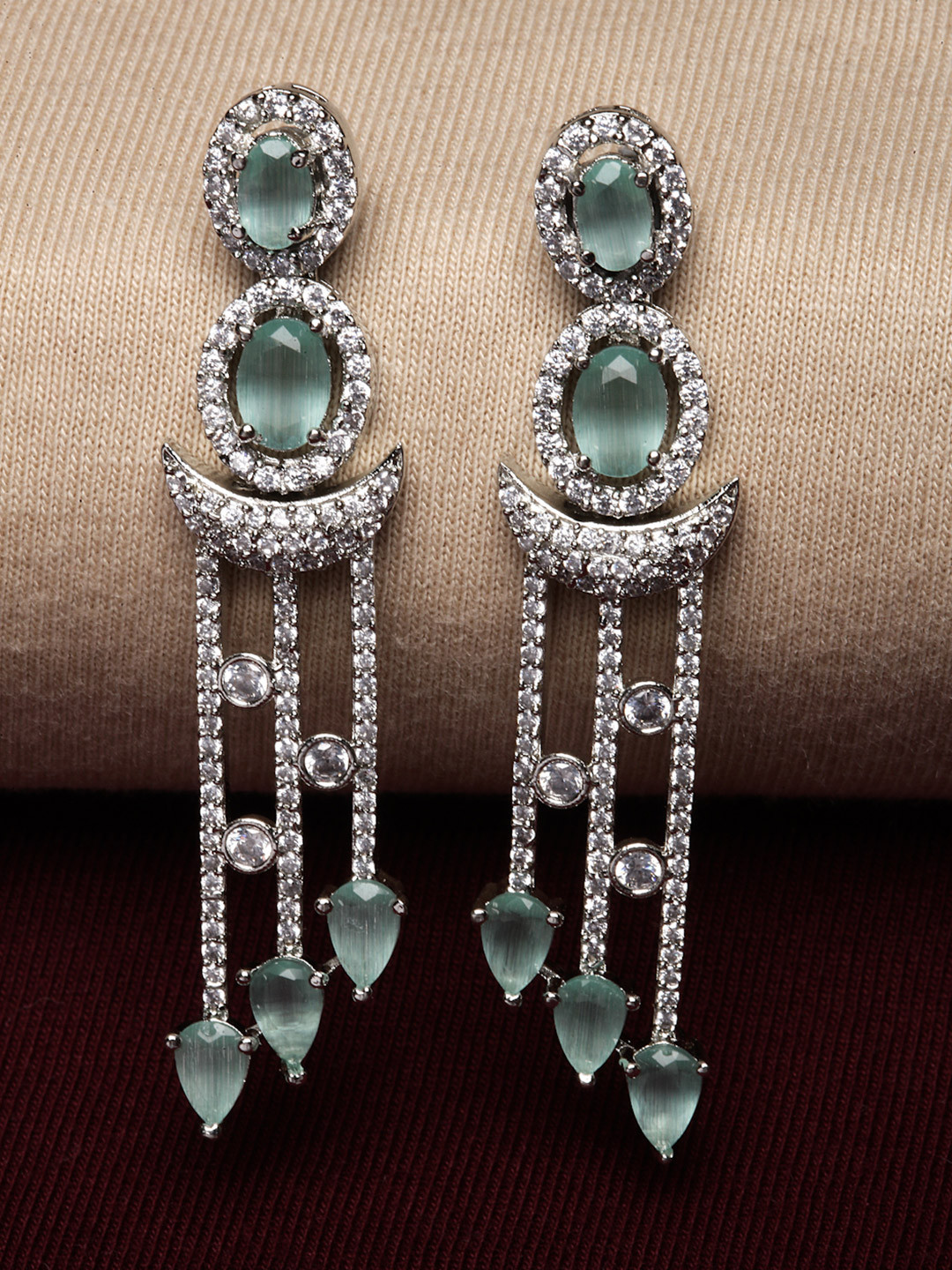 ZENEME Rhodium-Plated American Diamond Studded Crescent Shape Drop Earrings