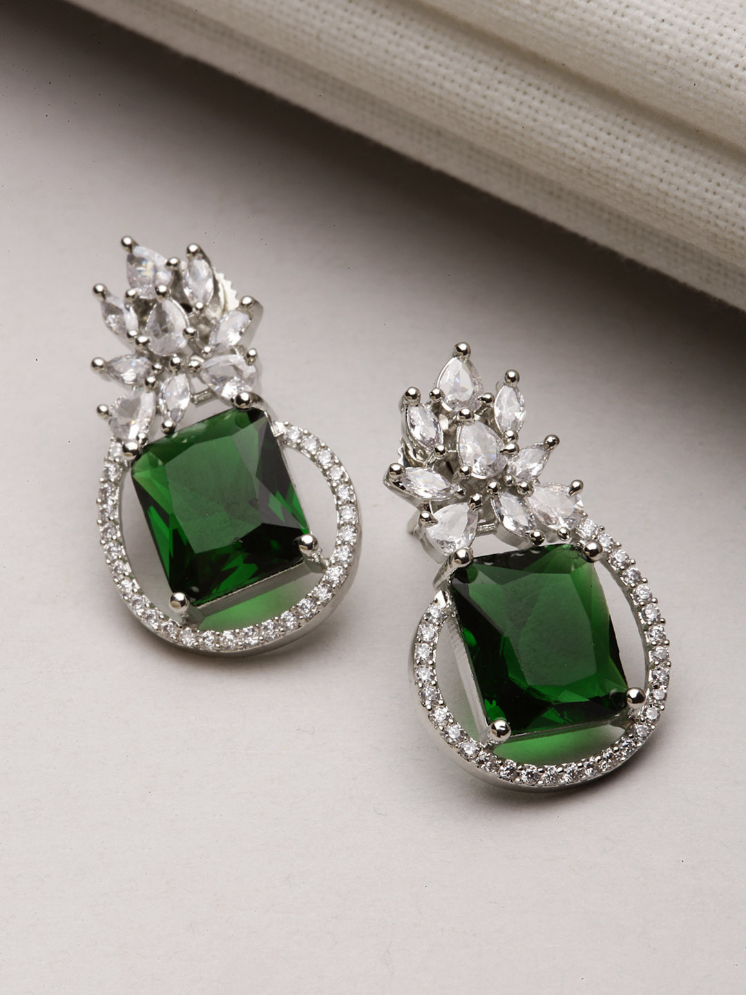 ZENEME Rhodium-Plated Silver Toned American Diamond studded Square Stud Earrings