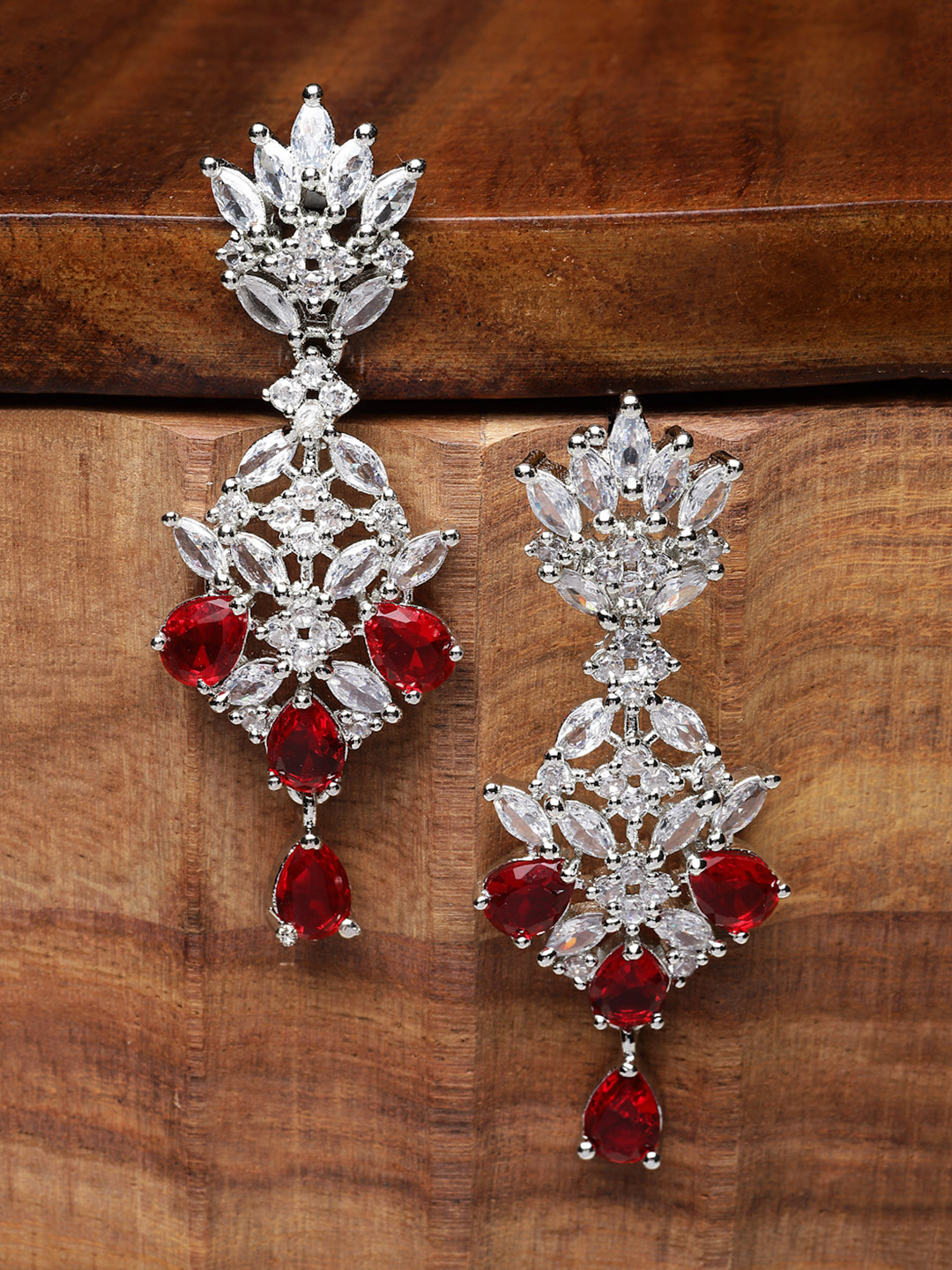 ZENEME Rhodium-Plated American Diamond studded Spiked Shaped Drop Earrings