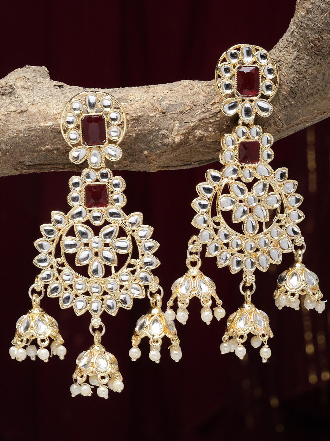 ZENEME Gold Plated Red Kundan Studded Jhumka Earrings