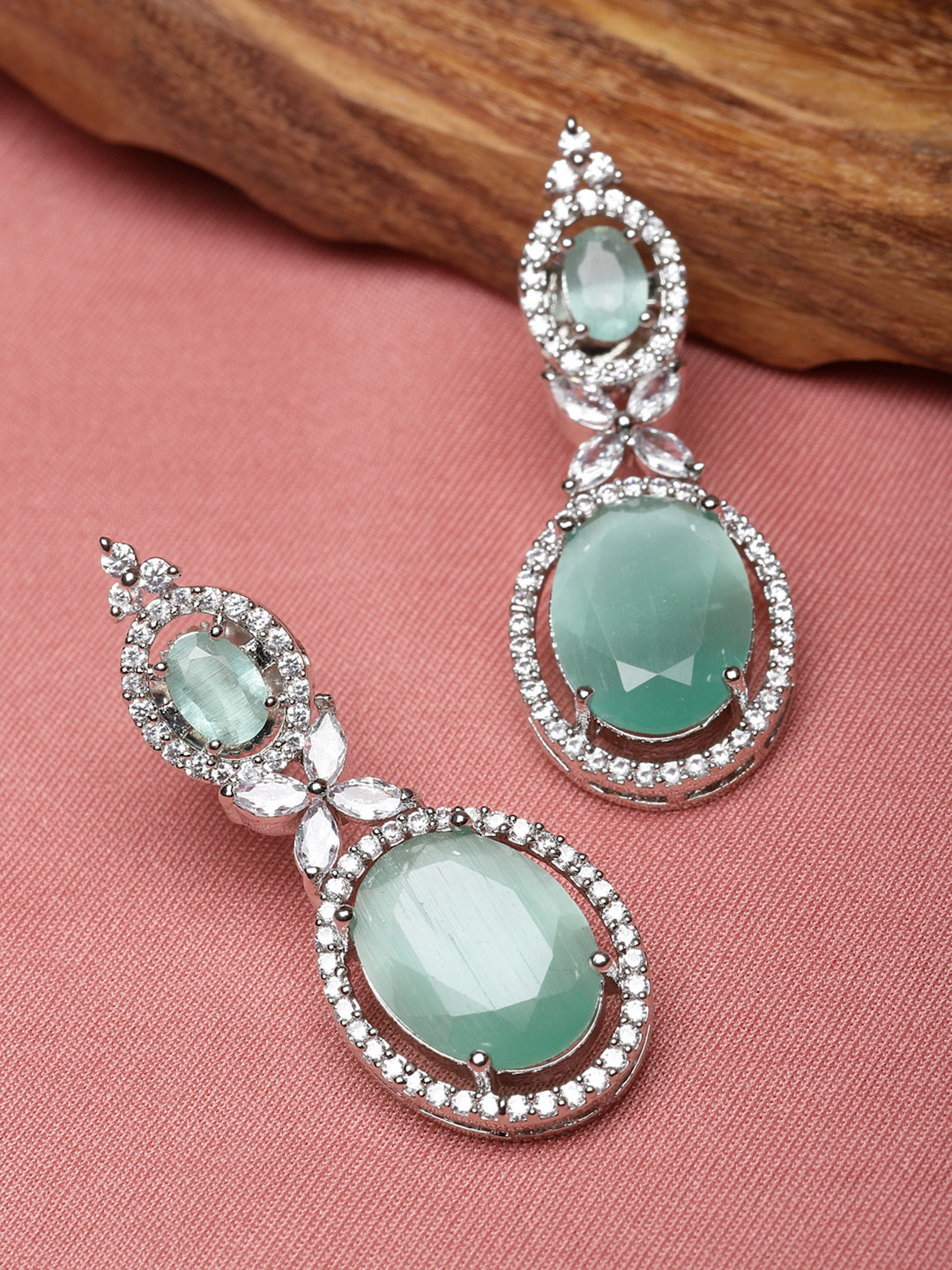 ZENEME Rhodium-Plated American Diamond Studded Oval Shaped Drop Earrings