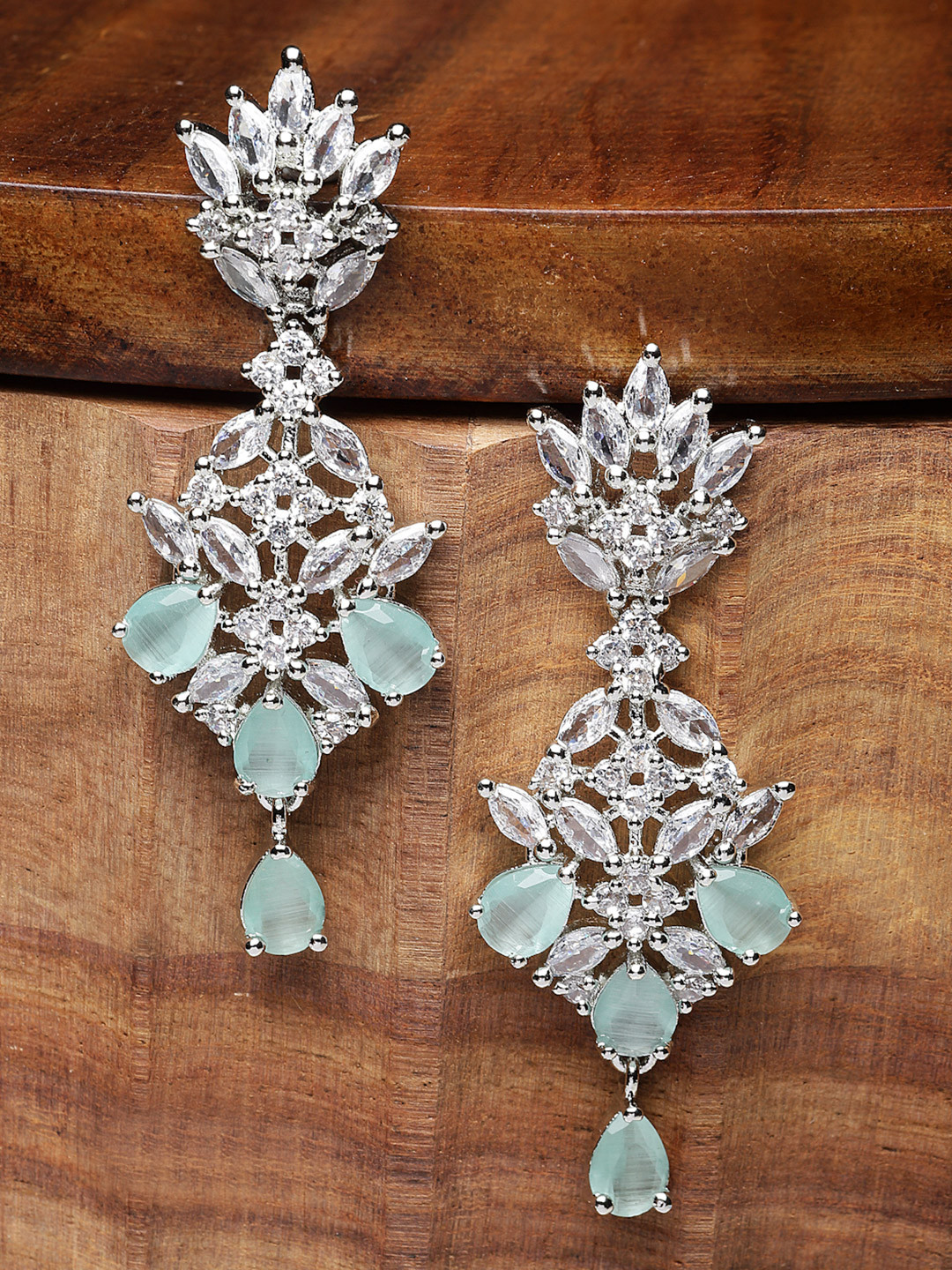 ZENEME Rhodium-Plated American Diamond studded Spiked Shaped Drop Earrings