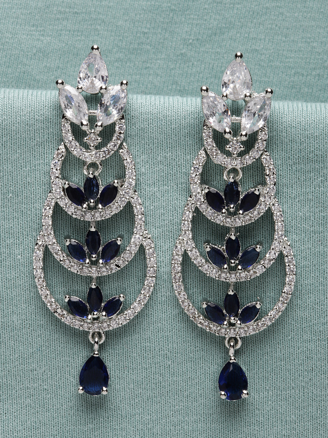 ZENEME Rhodium Plated Silver Toned Loop Design AD Studded Earrings