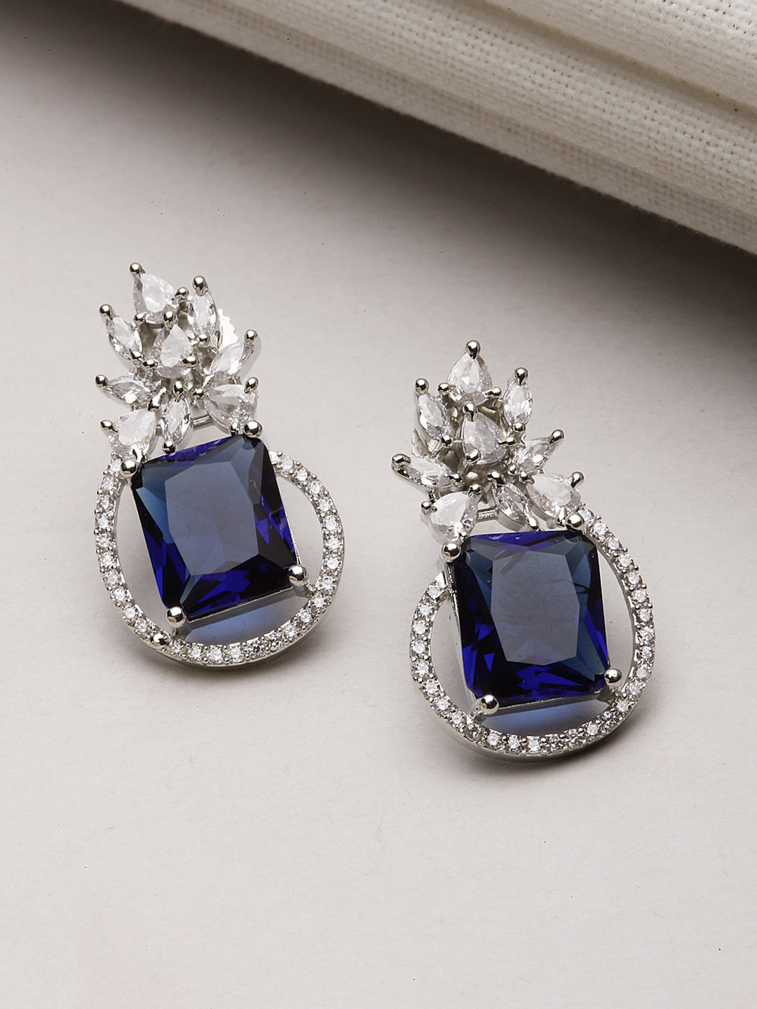 ZENEME Rhodium-Plated Silver Toned American Diamond studded Square Stud Earrings