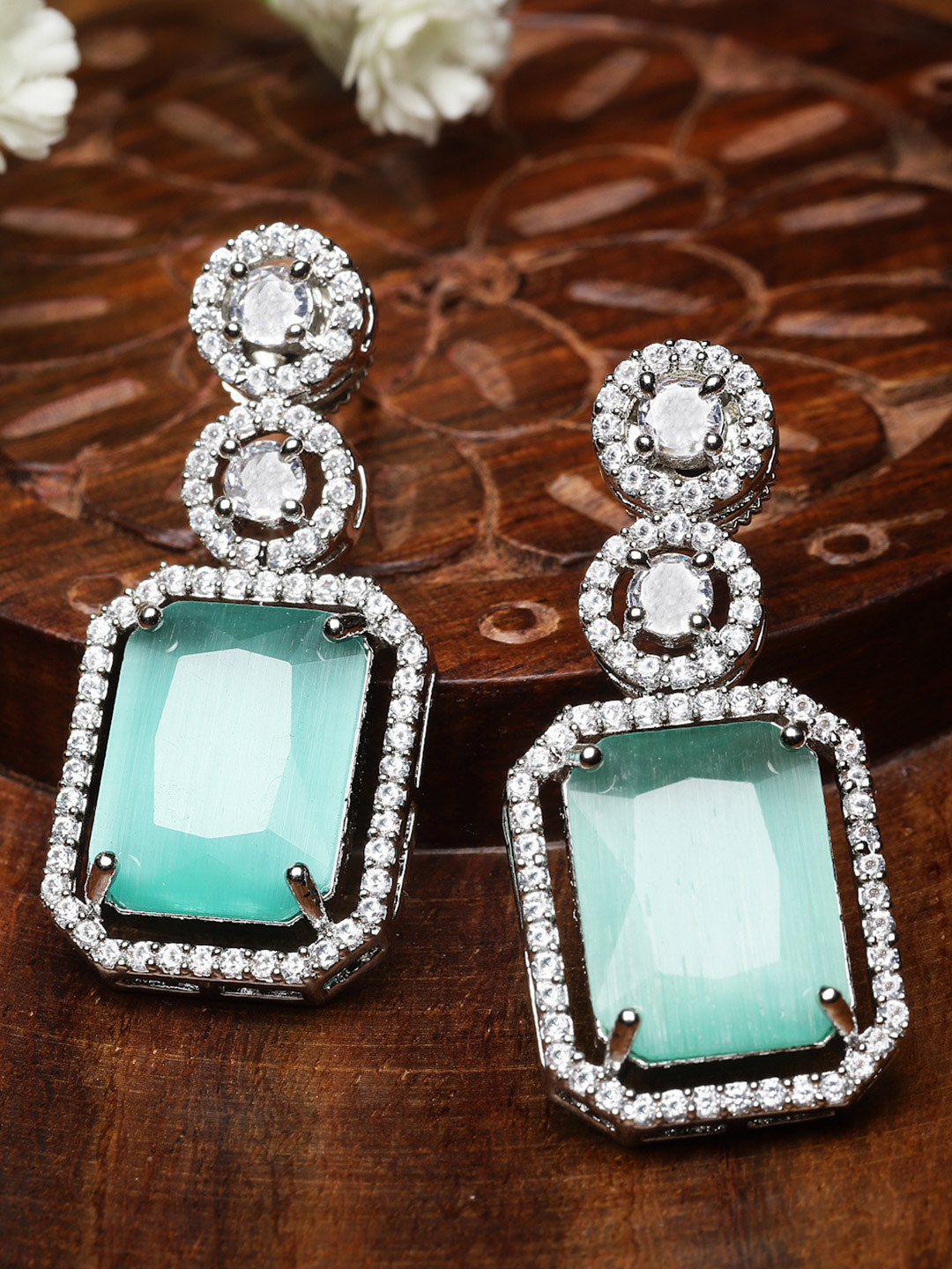 ZENEME Rhodium-Plated American Diamond Studded Geometric Shape Drop Earrings