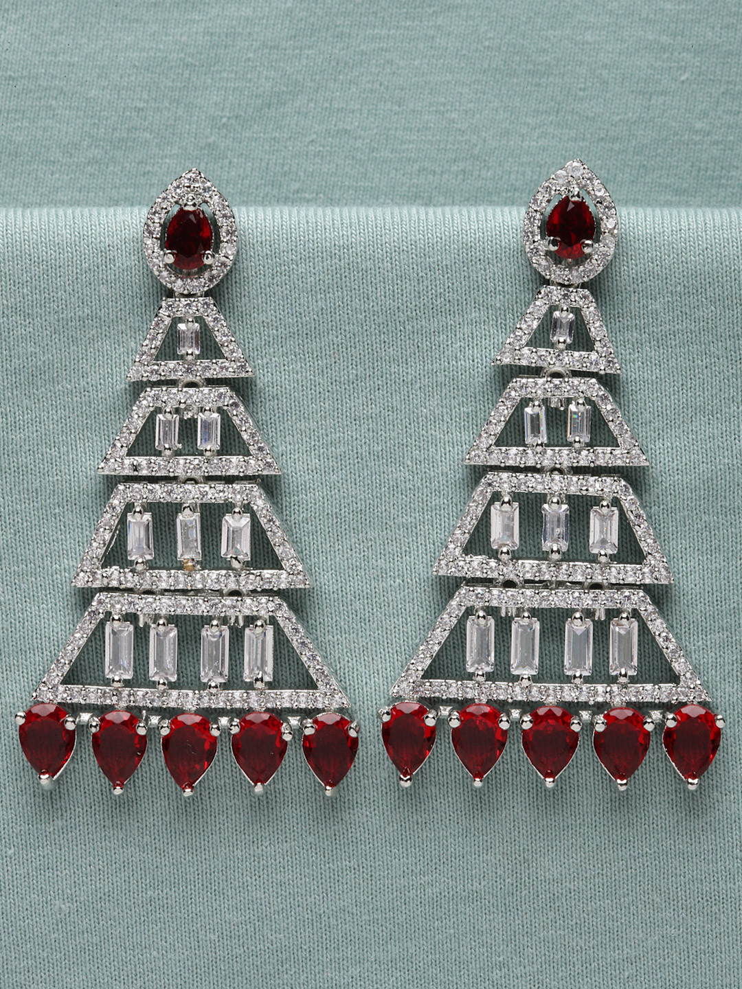 ZENEME Rhodium-Plated American Diamond Studded Triangular Shaped Earrings