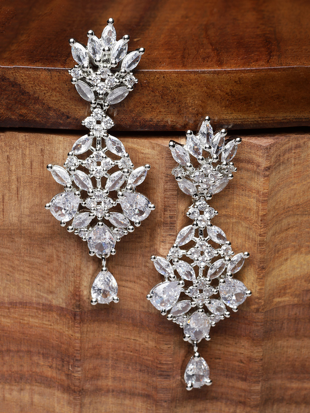 ZENEME Rhodium-Plated American Diamond Studded Spiked Shaped Drop Earrings