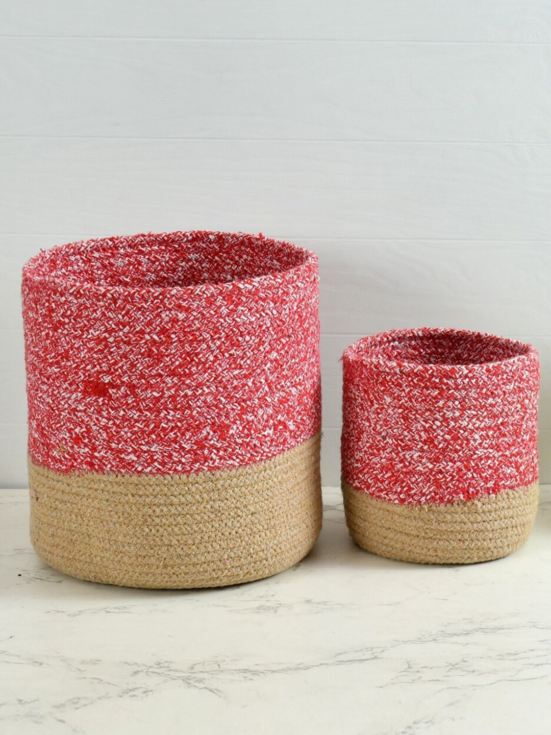 Homefab India Red & Beige 2 Pieces Braided Woven Cotton Planter Baskets