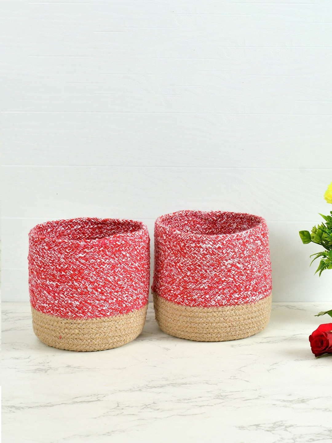 Homefab India Red & Beige 2 Pieces Braided Woven Cotton Planter Baskets