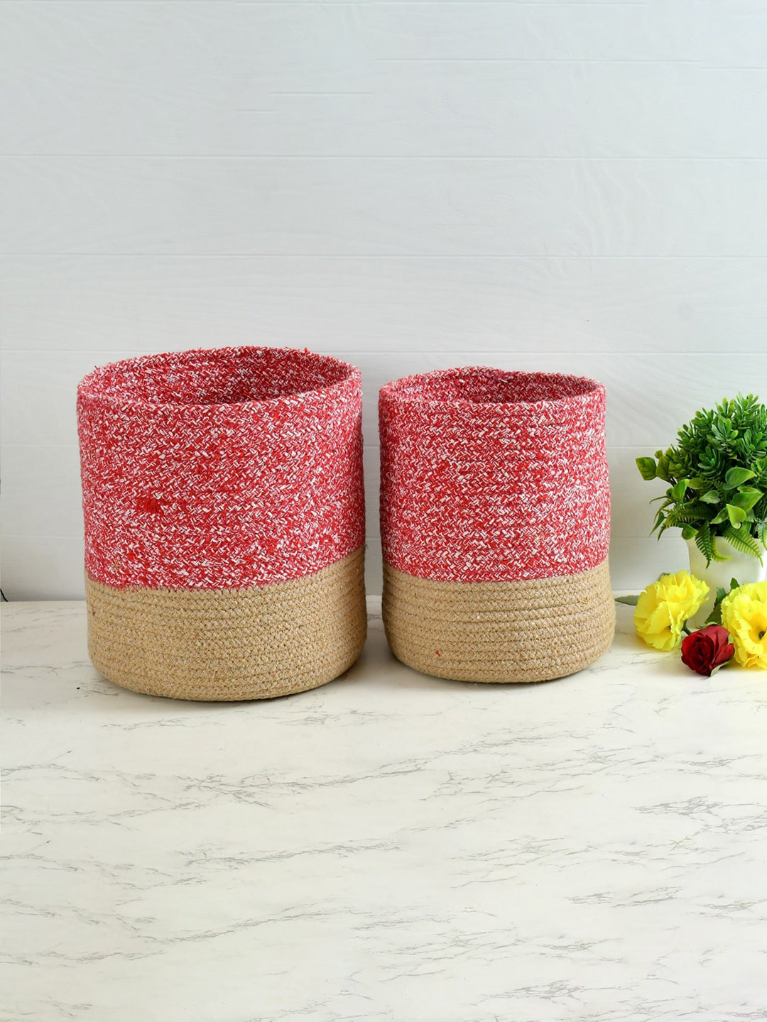 Homefab India Red & Brown 2 Pieces Jute & Cotton Woven Planters Baskets