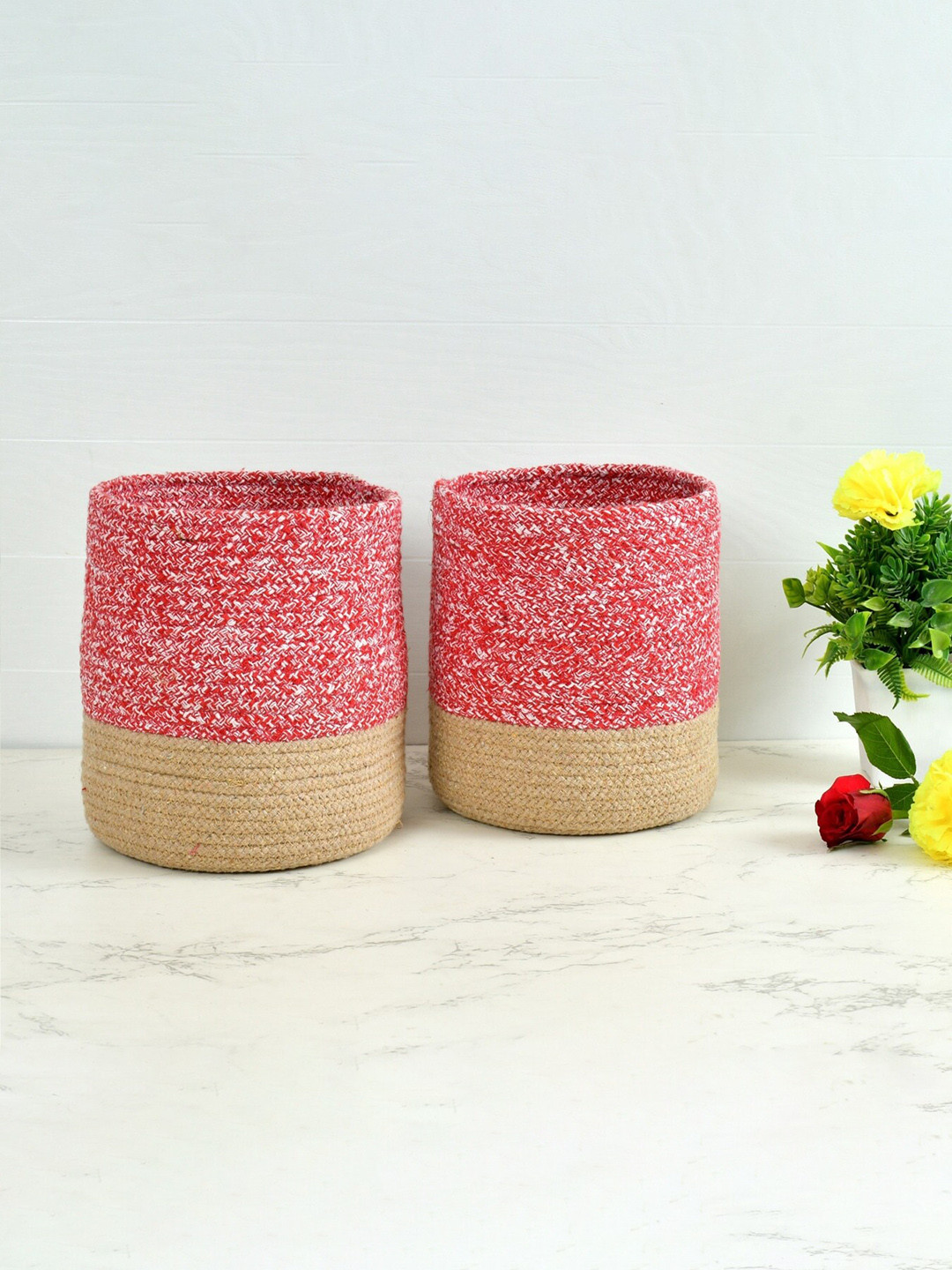 Homefab India Red & Brown 2 Pieces Braided Woven Cotton Planter Baskets