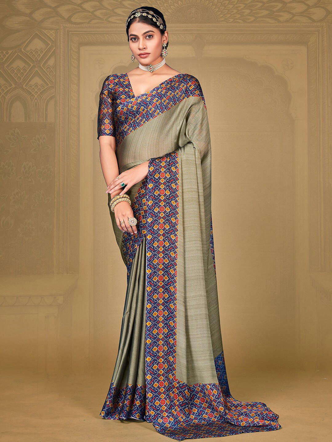 Anouk Rustic Printed Border Pure Chiffon Saree