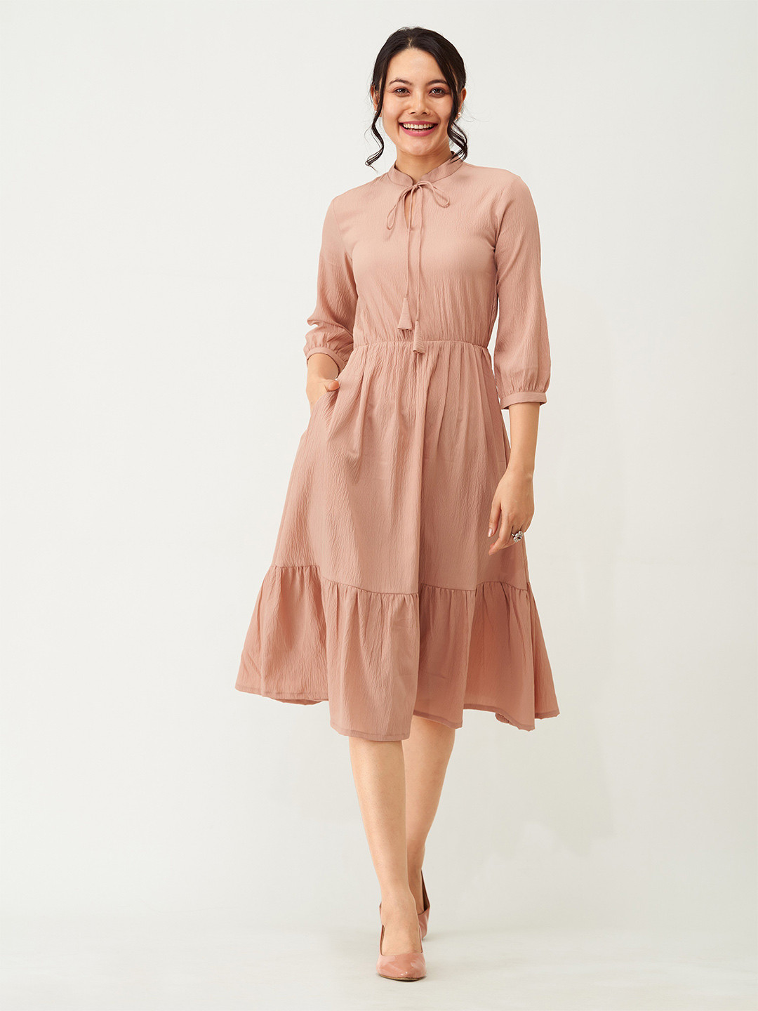 AASK Solid Cream Tie-Up Neck Crepe Fit & Flare Midi Dress