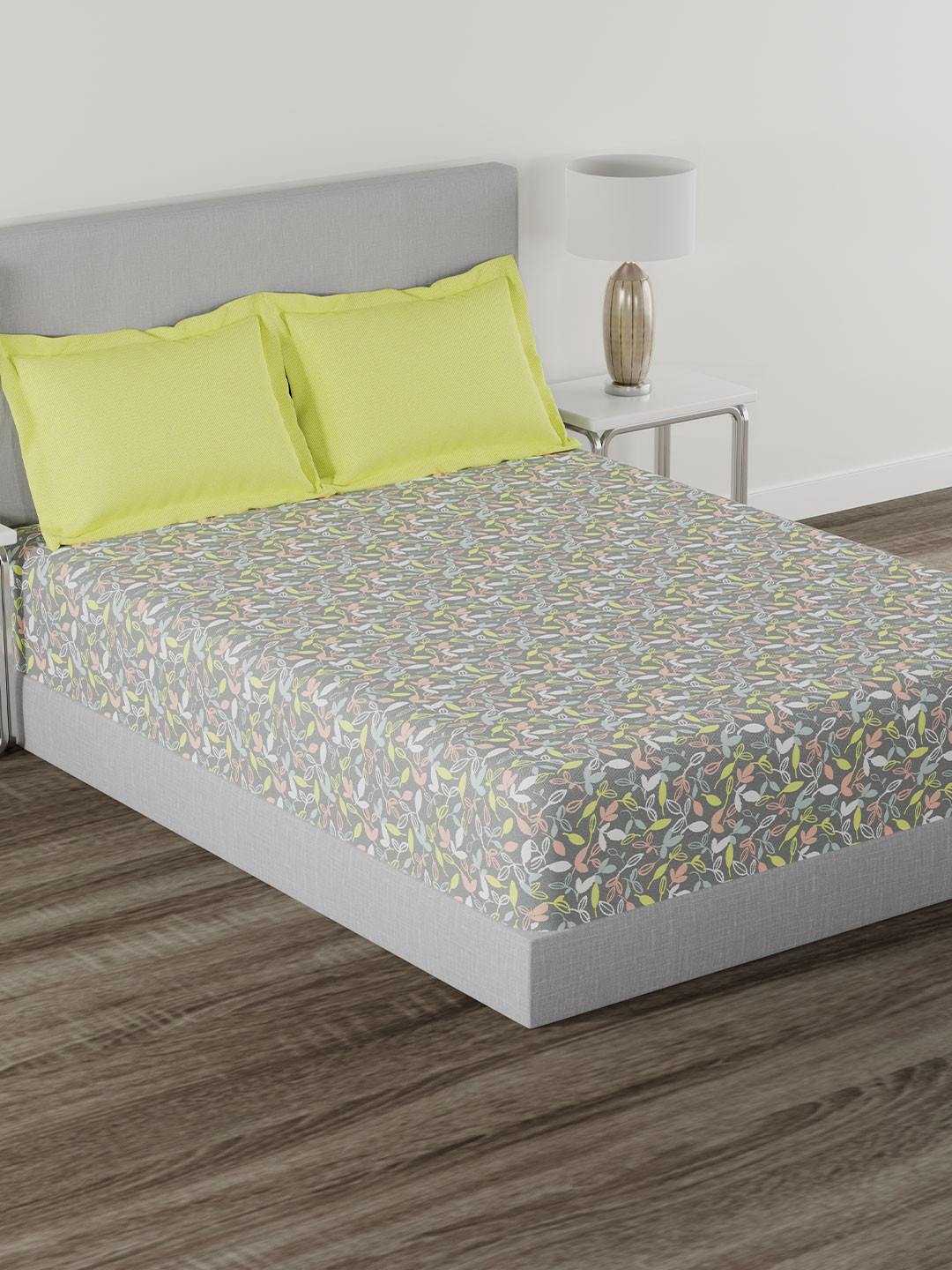 MYTRIDENT Everyday Grey Floral Pure Cotton 120 TC Queen Bedsheet with 2 Pillow Covers-254 x 227 cm