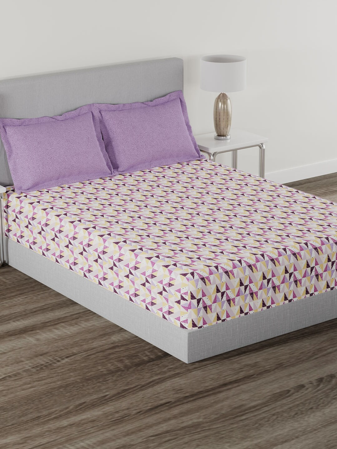 MYTRIDENT Everyday Mauve Geometric Pure Cotton 120 TC Queen Bedsheet with 2 Pillow Covers-100 x 90 inches
