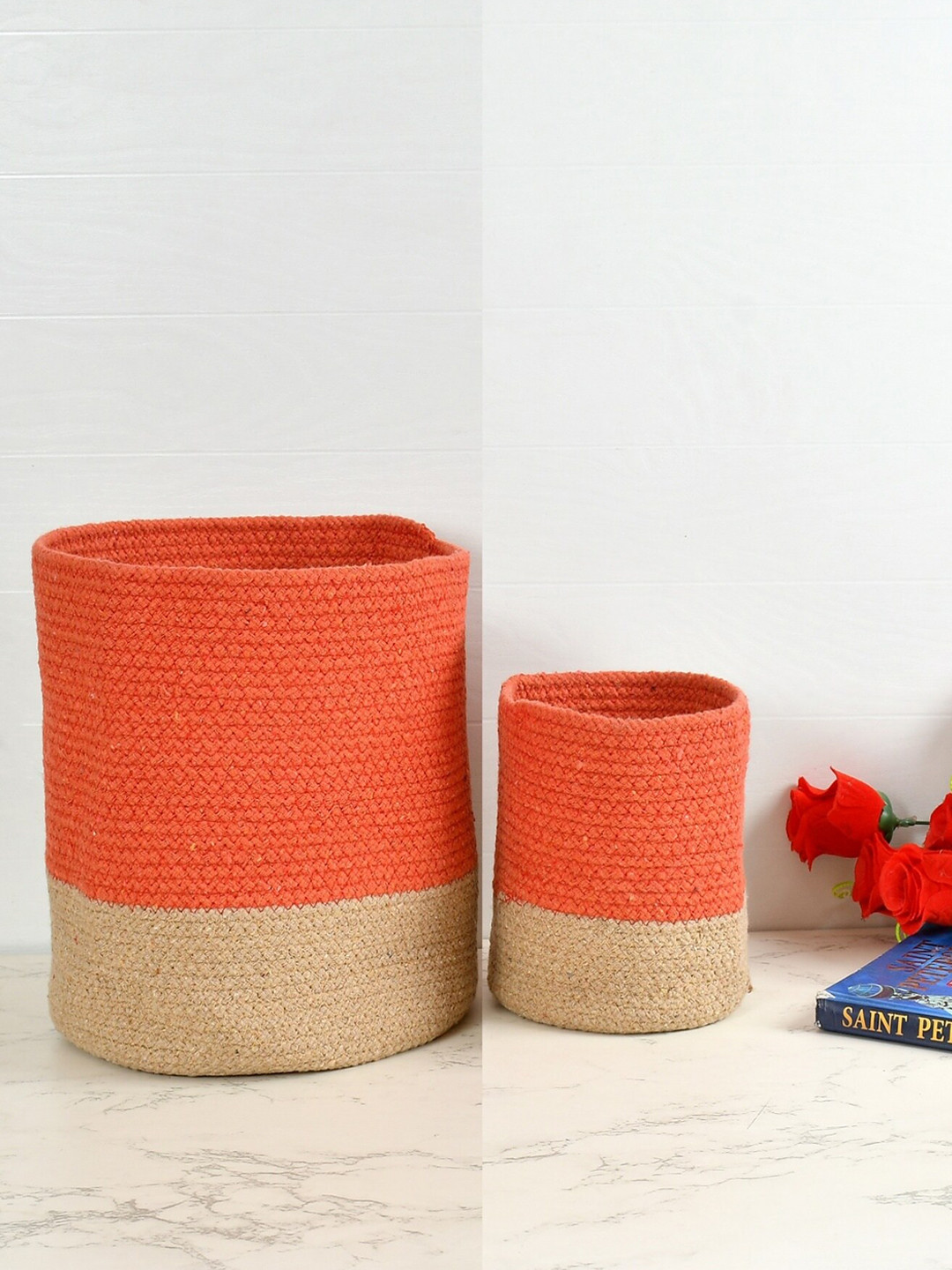 Homefab India Orange-Colored & Brown 2 Pieces Braided Woven Cotton Planter Baskets