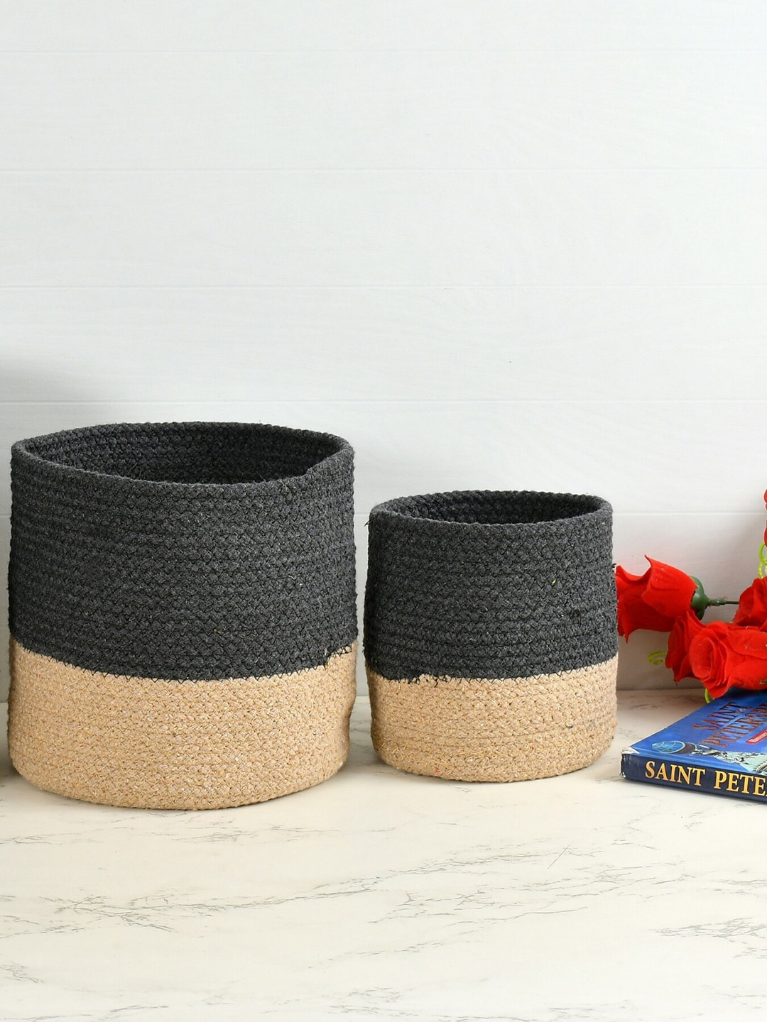Homefab India Dark-Grey & Brown 2 Pieces Braided Woven Cotton Planter Baskets